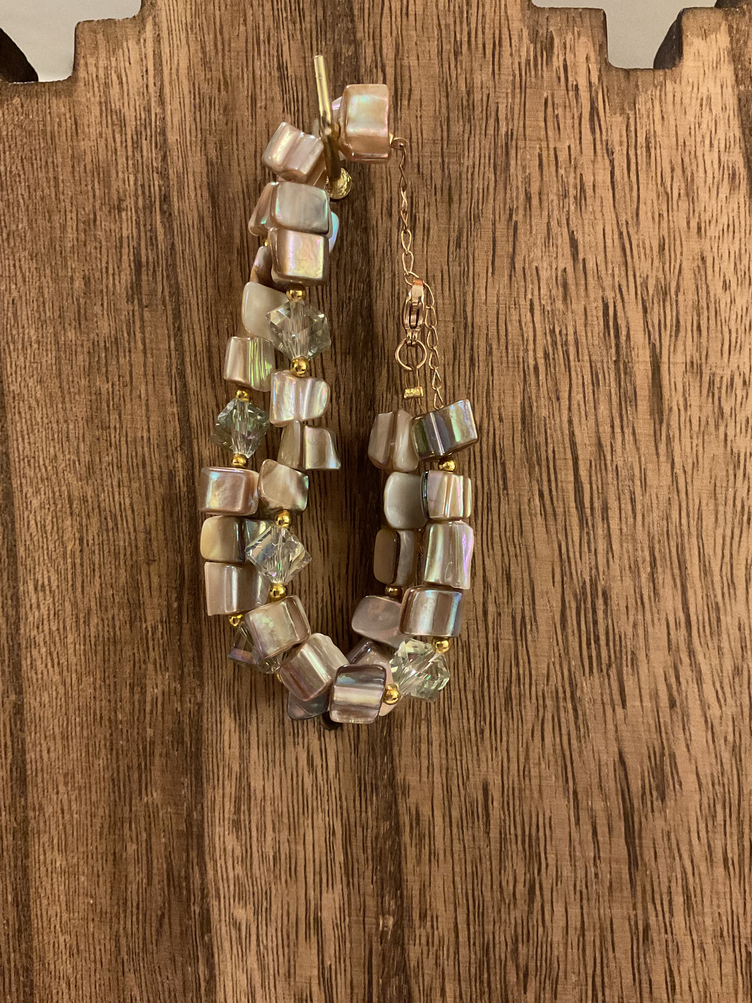 Iridescent Mother of Pearl & Crystal 2-Strand Bracelet 6.5-8.5"