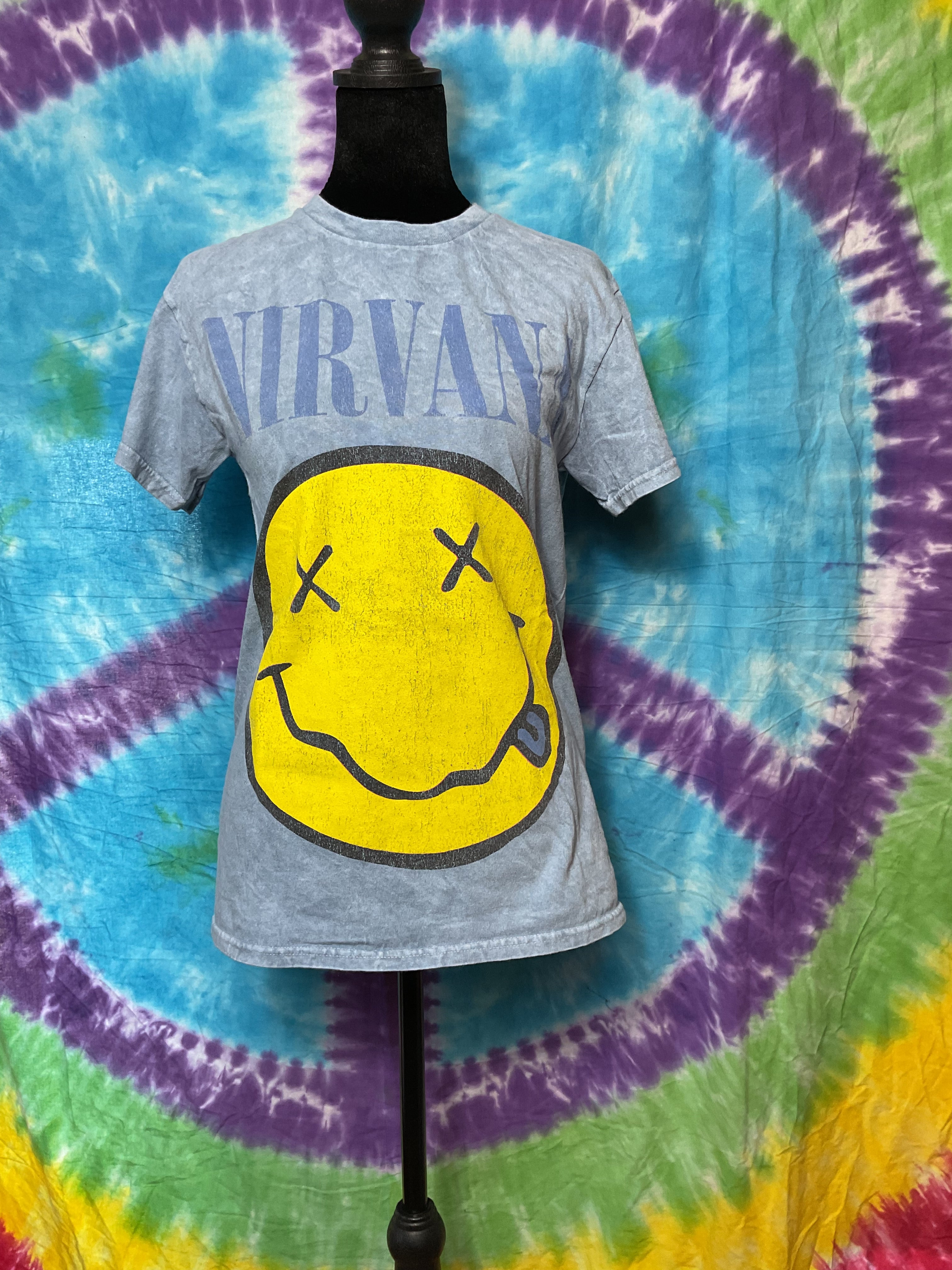 Nirvana Smiley Face Acid Wash Graphic Band T-Shirt Blue Small