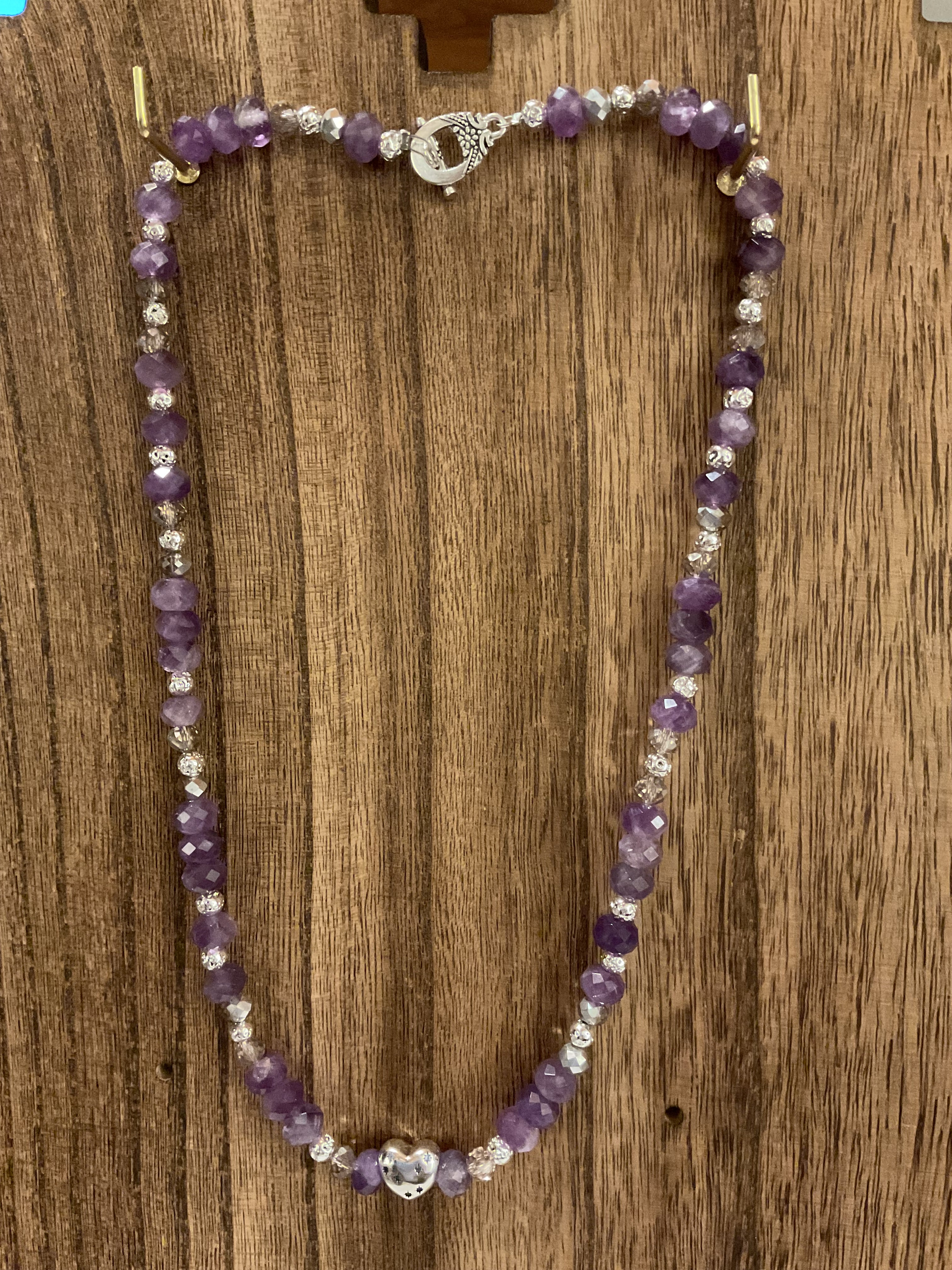 Amethyst Beaded Necklace 20" Silver Heart "A Dream Is A Wish"
