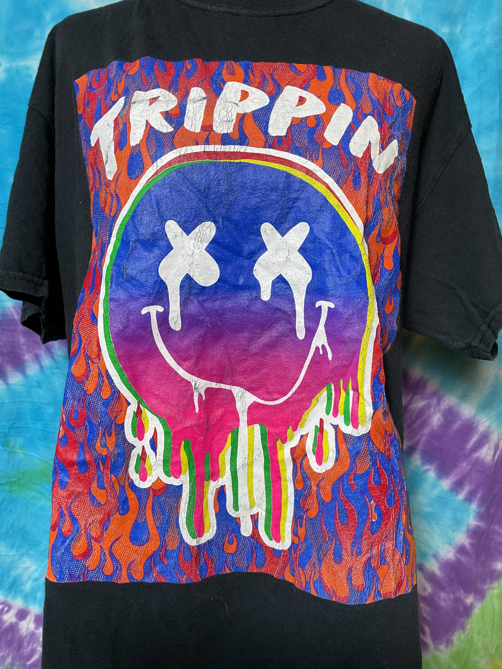 Vintage 3FORTY Inc Trippin Smiley Face Flame Tee L