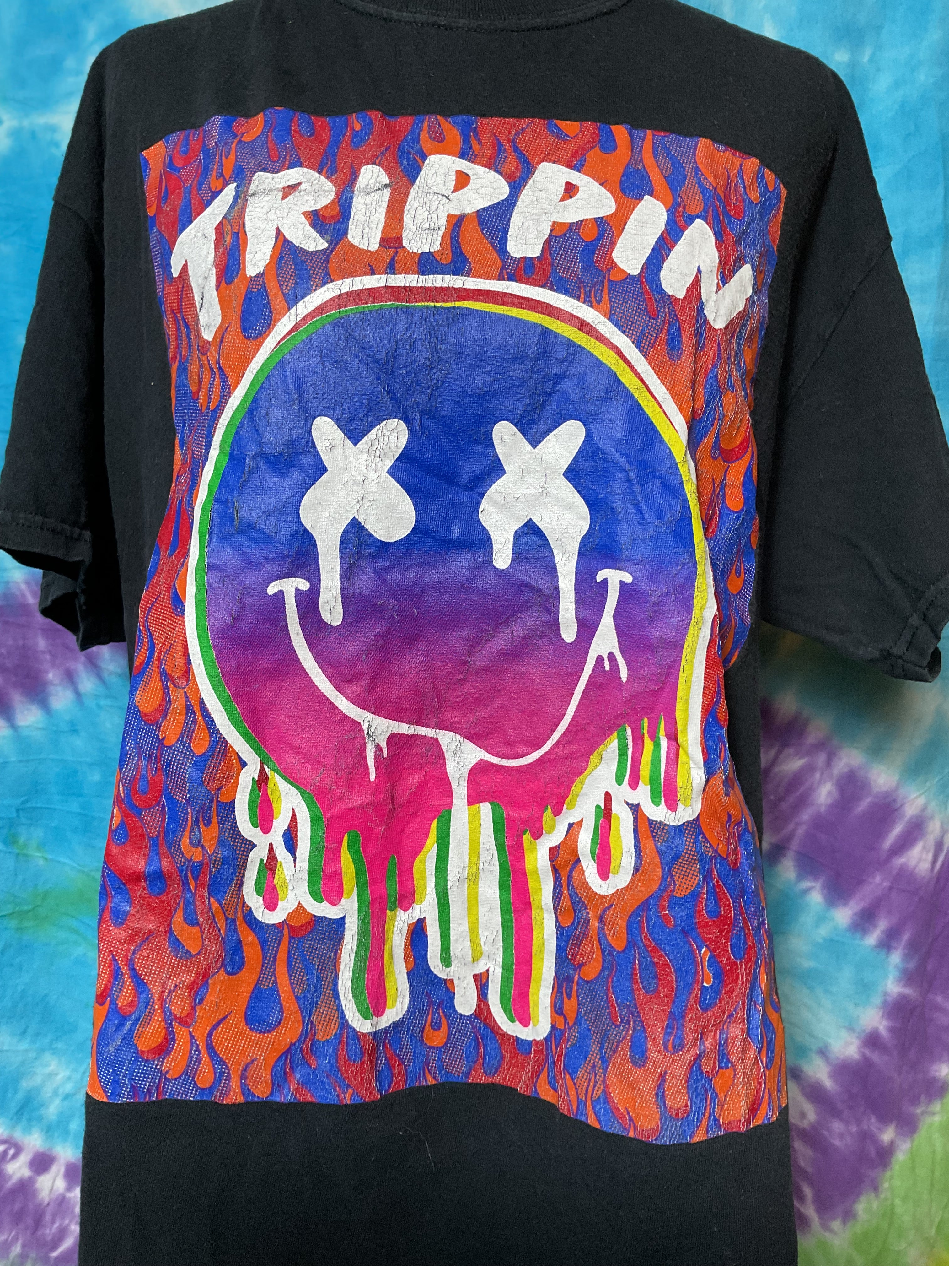 Vintage 3FORTY Inc Trippin Smiley Face Flame Tee L