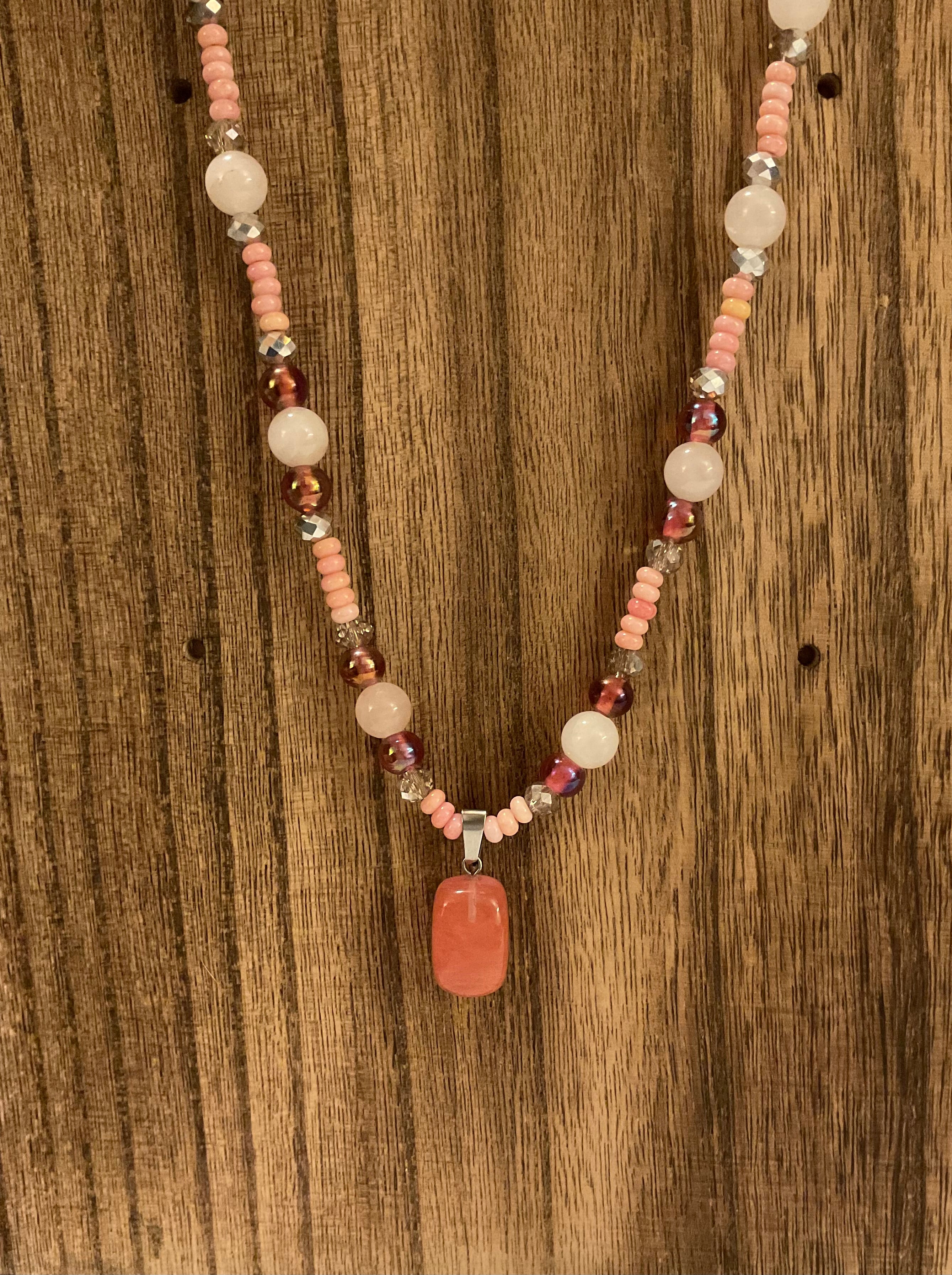 Rose Quartz & Vintage Lampwork Glass Beaded 20" Necklace
