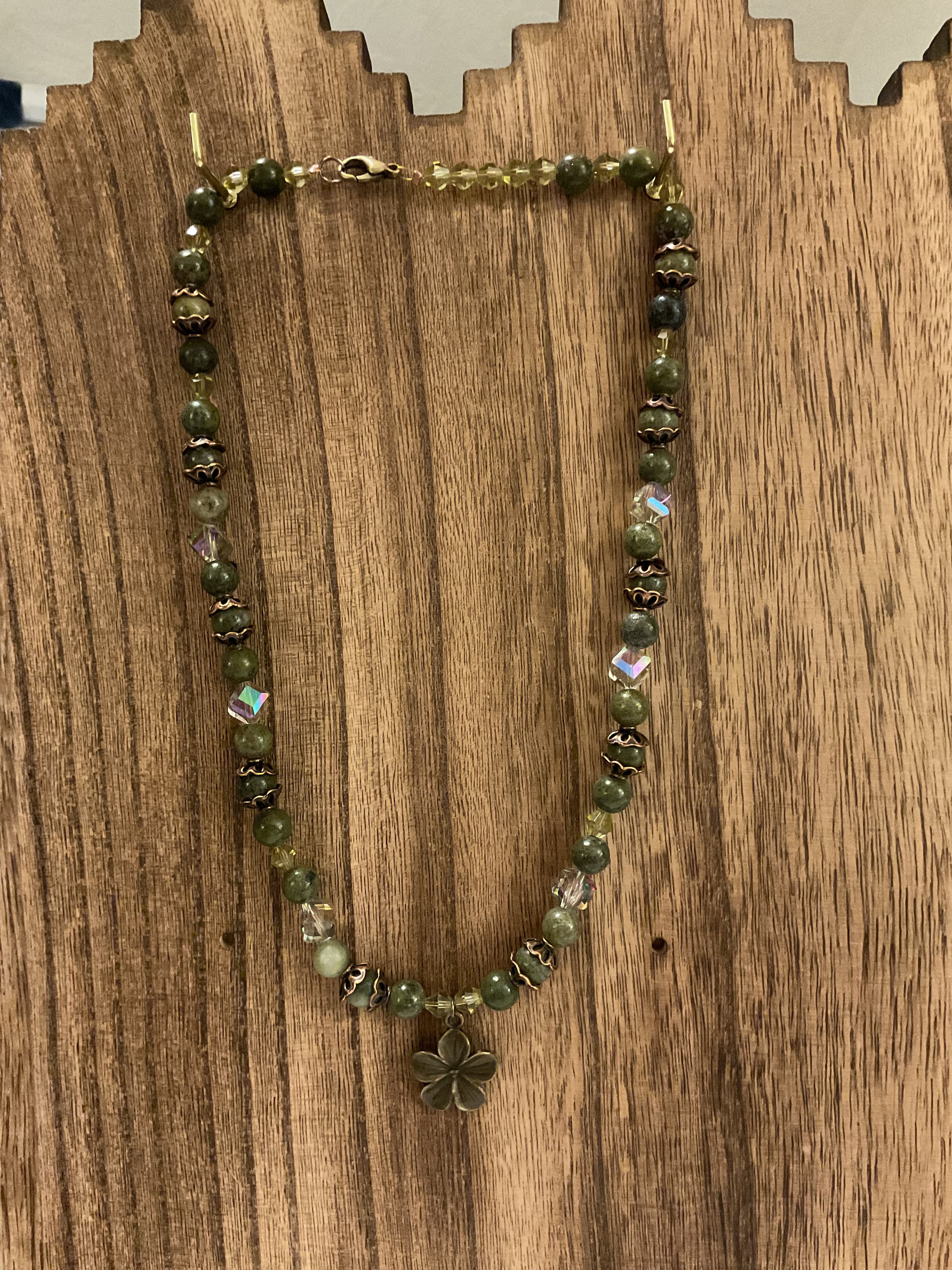 Earthy Green Moss Agate & Iridescent Crystal Flower Necklace 20"