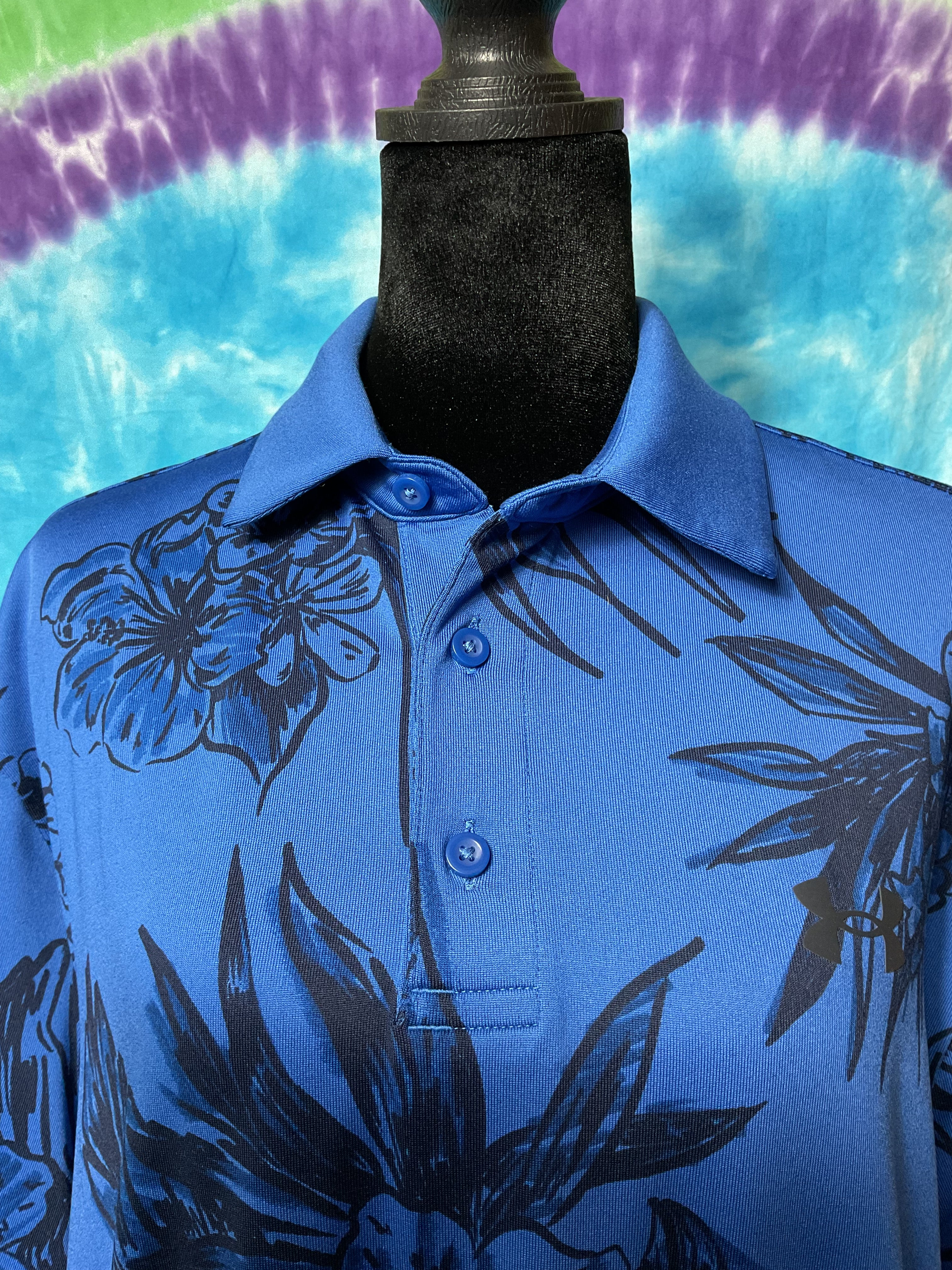 Under Armour Playoff Polo Mens Medium Blue Floral Hibiscus Golf
