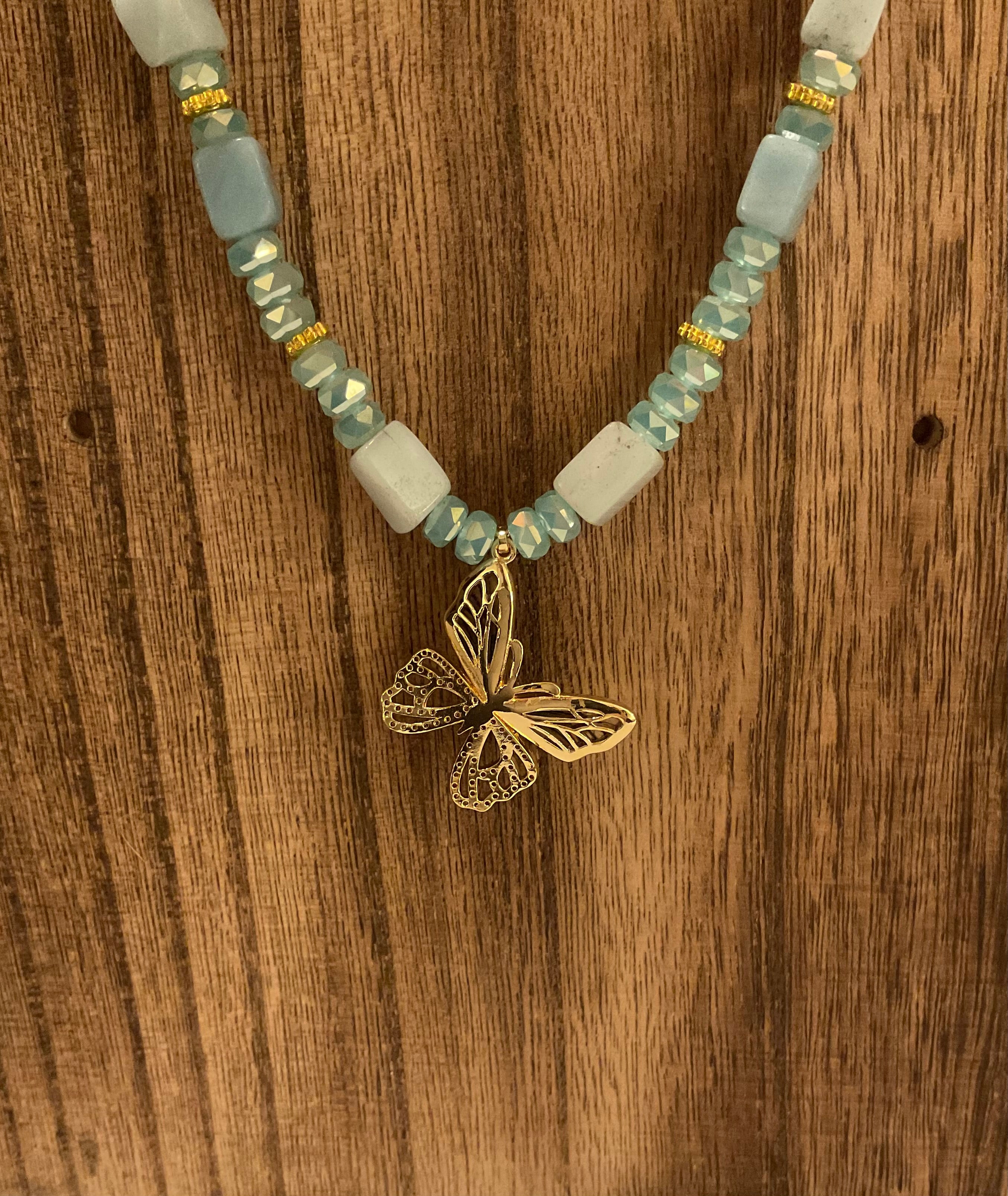 Amazonite & Crystal Butterfly Necklace - 19" Handcrafted Jewelry