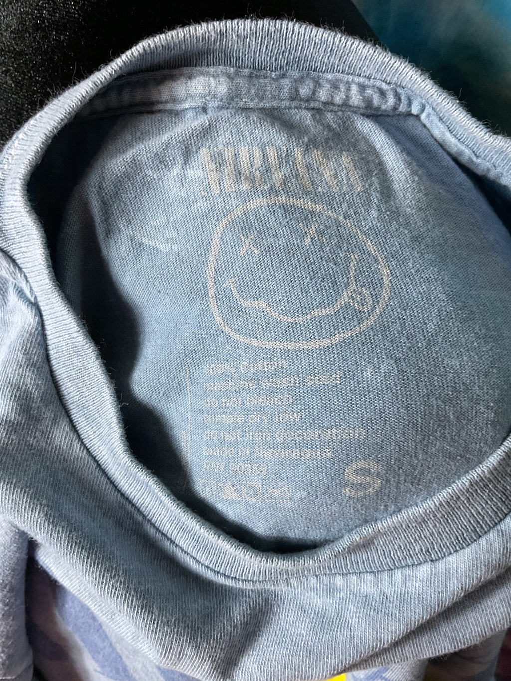 Nirvana Smiley Face Acid Wash Graphic Band T-Shirt Blue Small