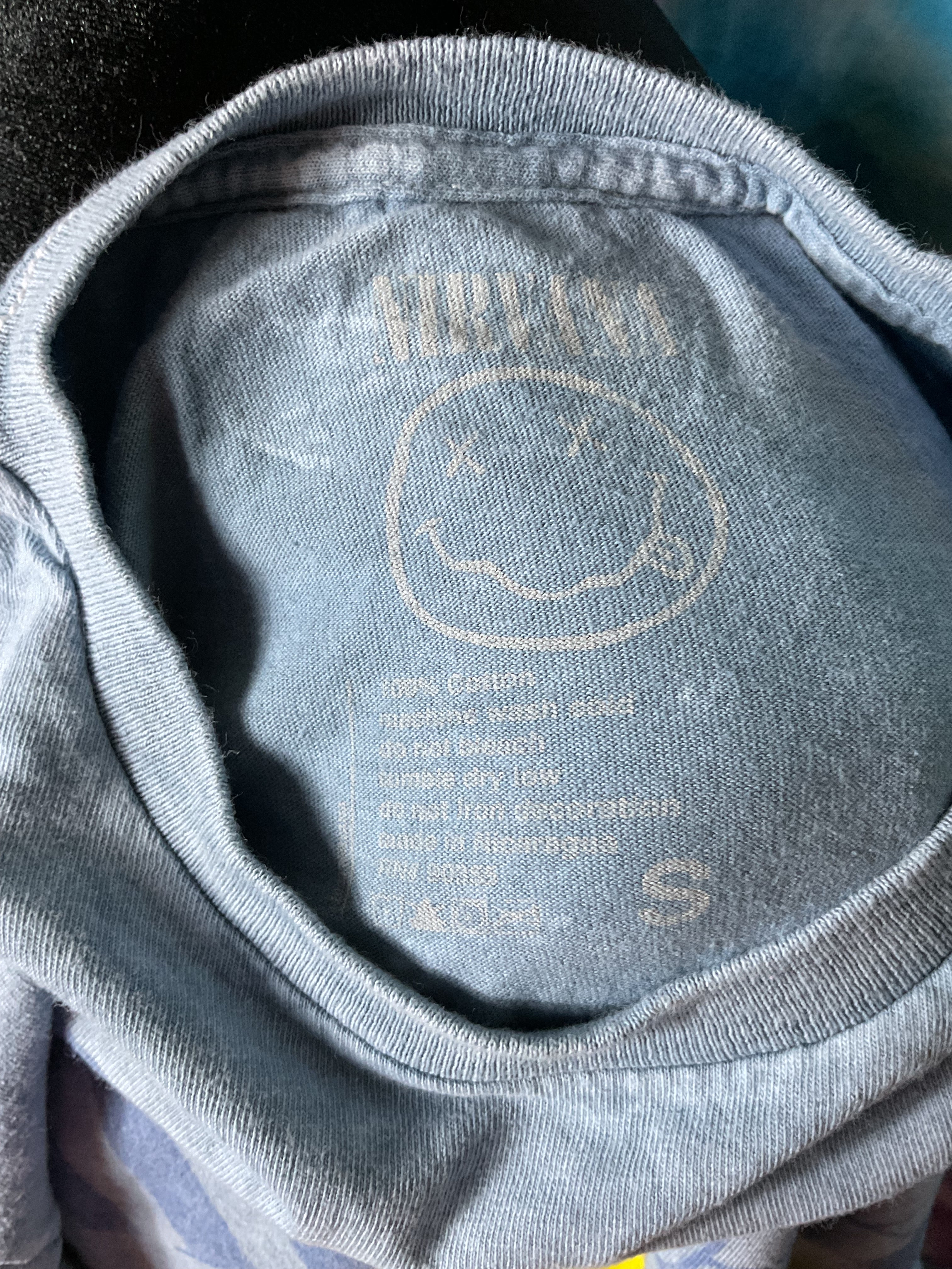 Nirvana Smiley Face Acid Wash Graphic Band T-Shirt Blue Small