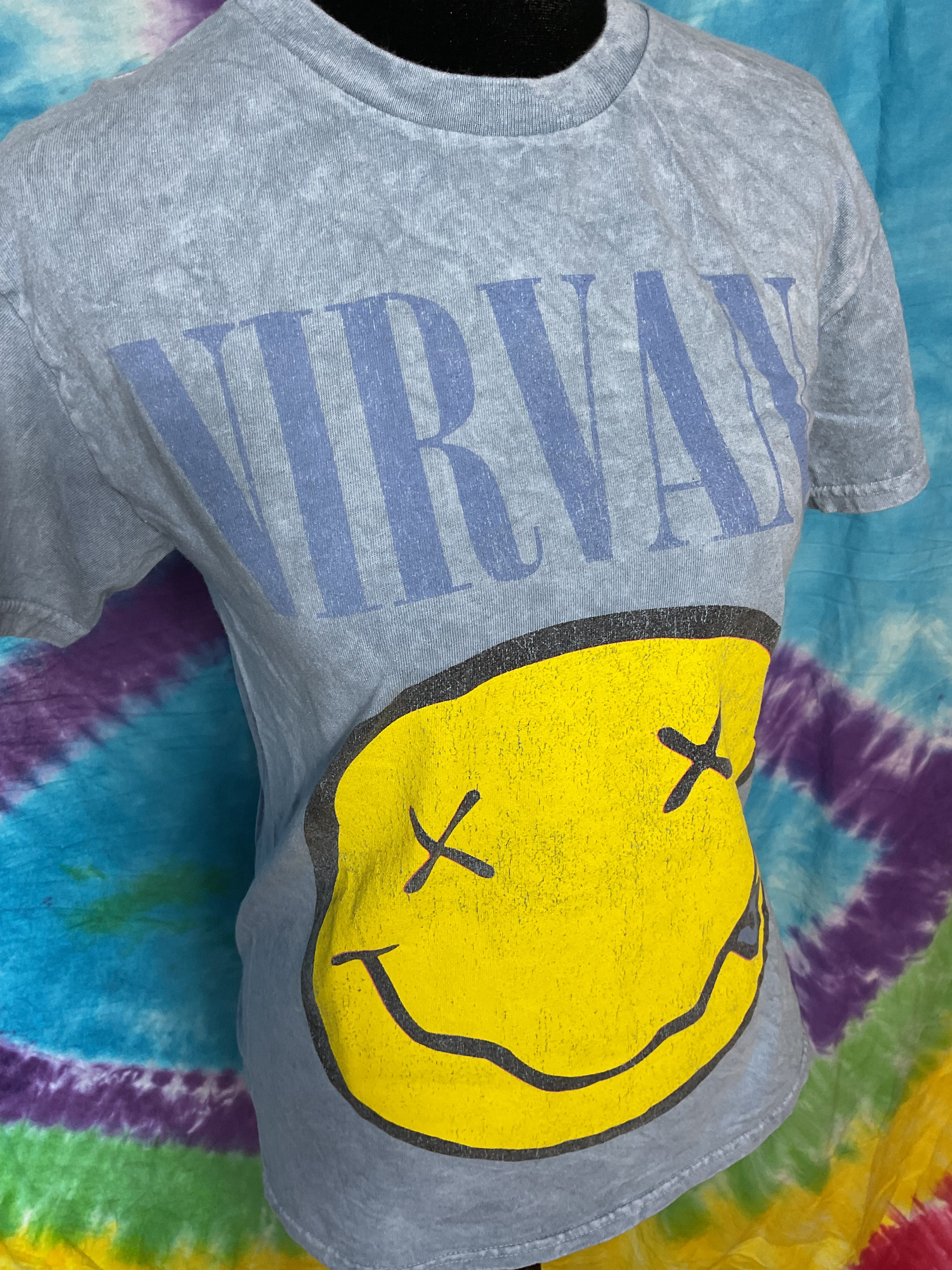 Nirvana Smiley Face Acid Wash Graphic Band T-Shirt Blue Small