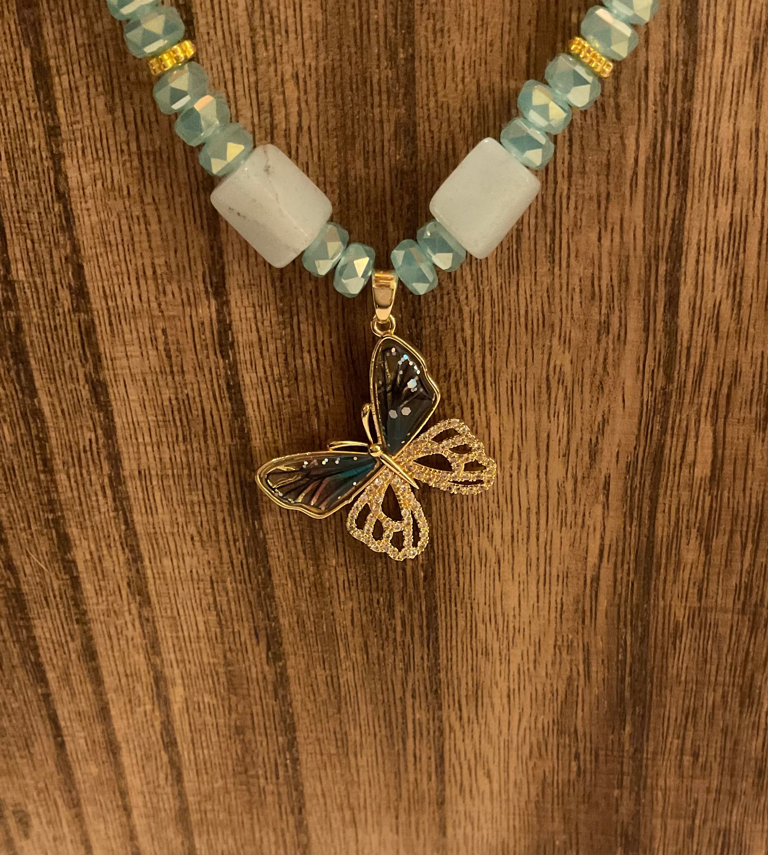 Amazonite & Crystal Butterfly Necklace - 19" Handcrafted Jewelry