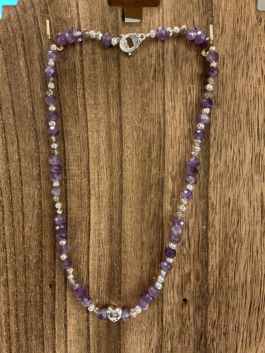 Amethyst Beaded Necklace 20" Silver Heart "A Dream Is A Wish"