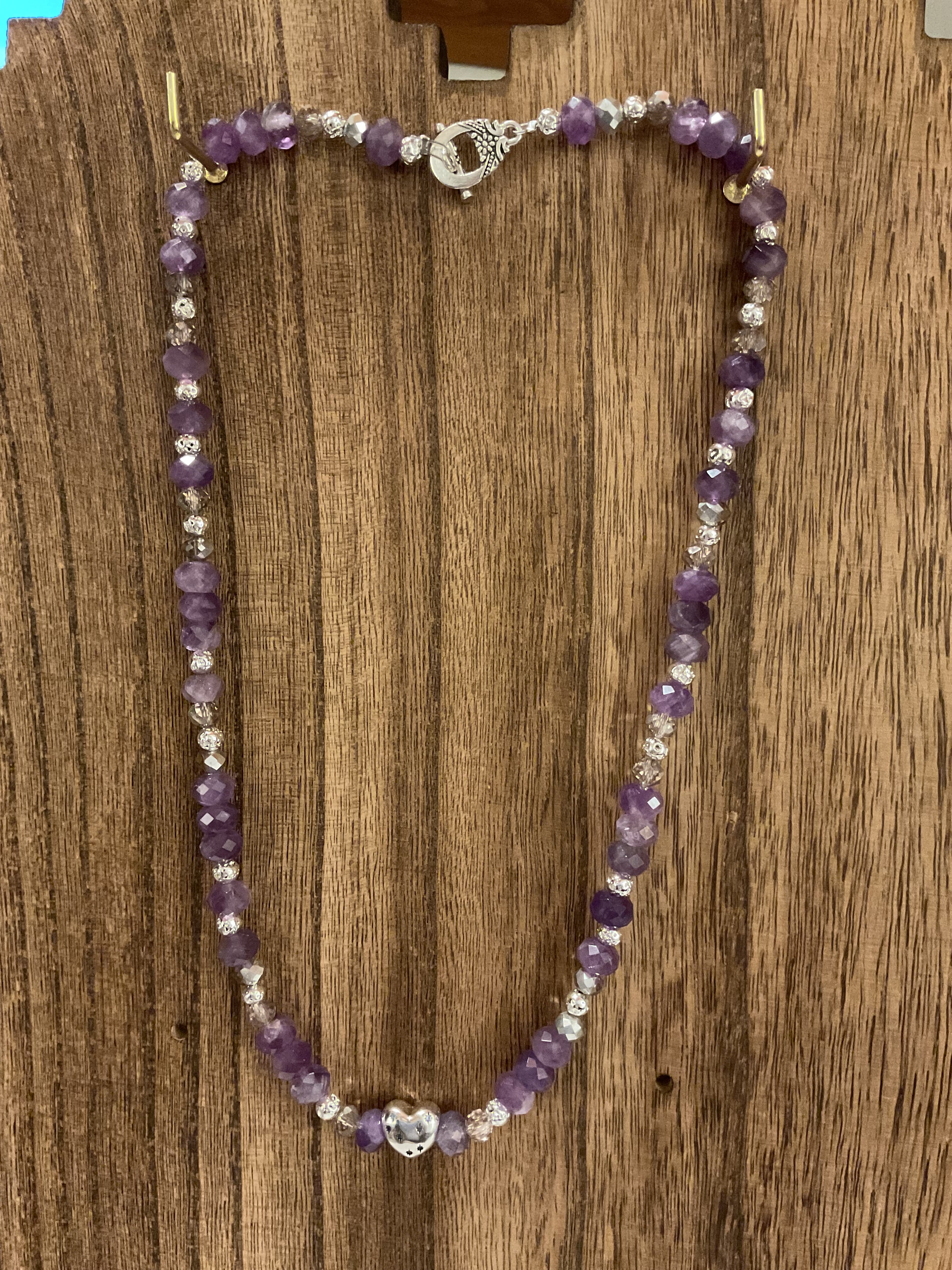 Amethyst Beaded Necklace 20" Silver Heart "A Dream Is A Wish"