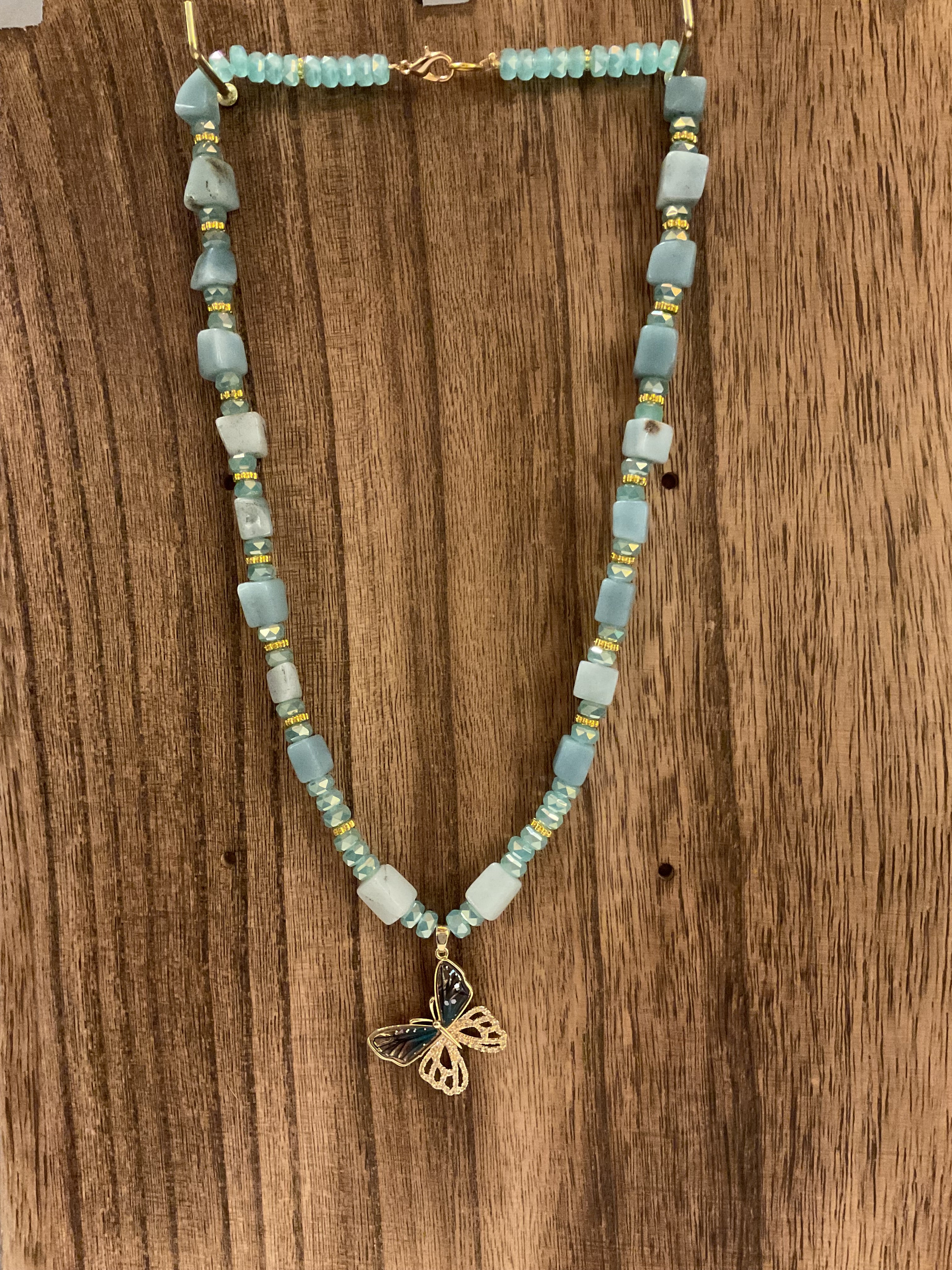 Amazonite & Crystal Butterfly Necklace - 19" Handcrafted Jewelry