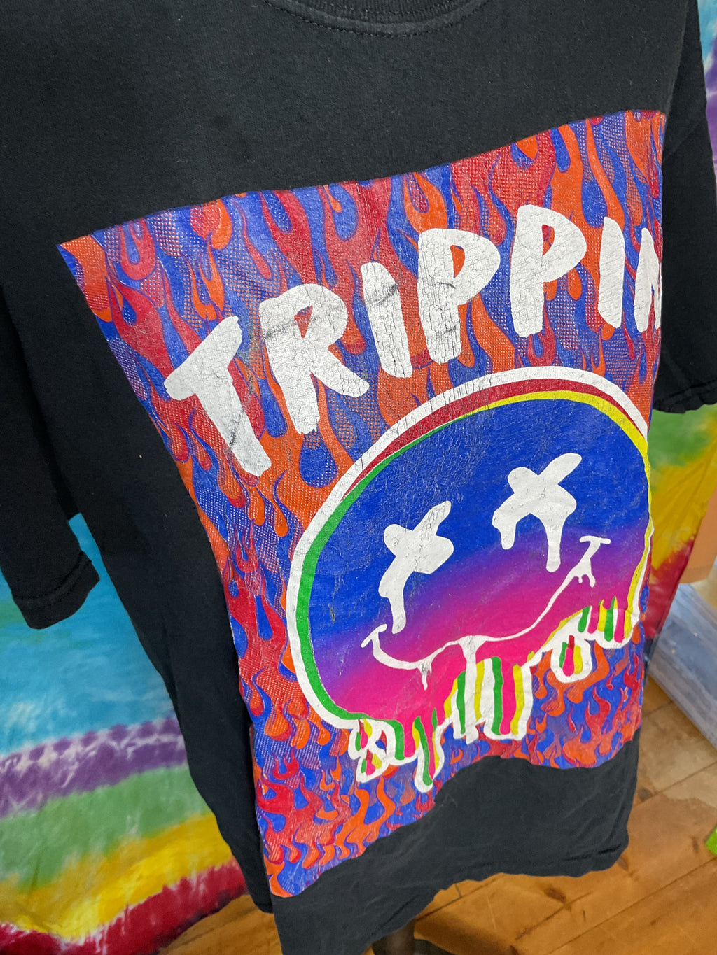 Vintage 3FORTY Inc Trippin Smiley Face Flame Tee L
