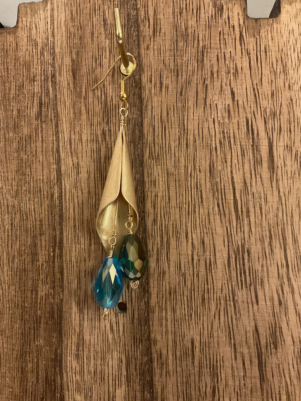 Gold Calla Lily Dangle Earrings Blue Crystal Teardrop Handmade