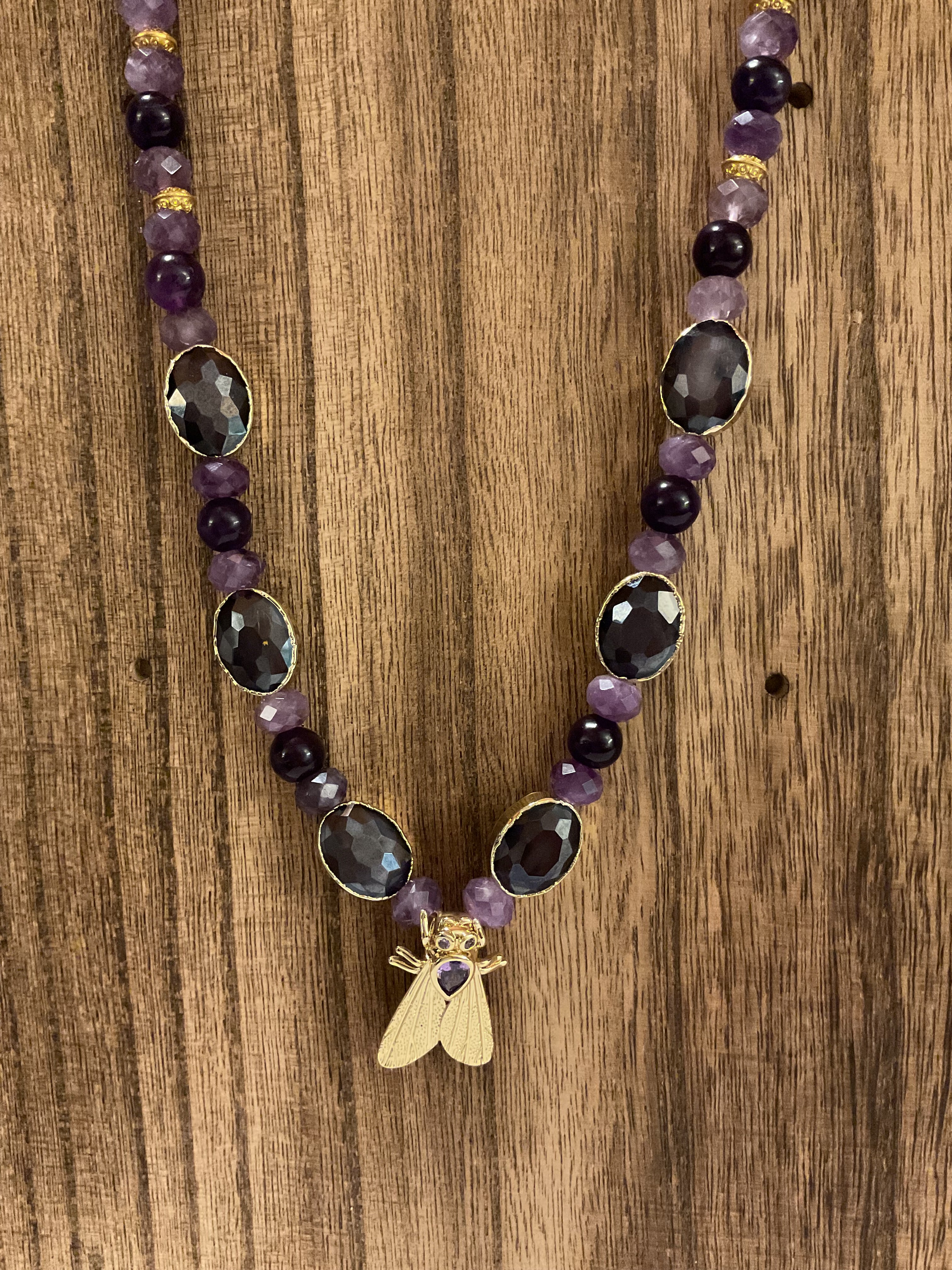 Cicada Amethyst & Smoky Quartz Beaded Necklace Gold Tone Handmade
