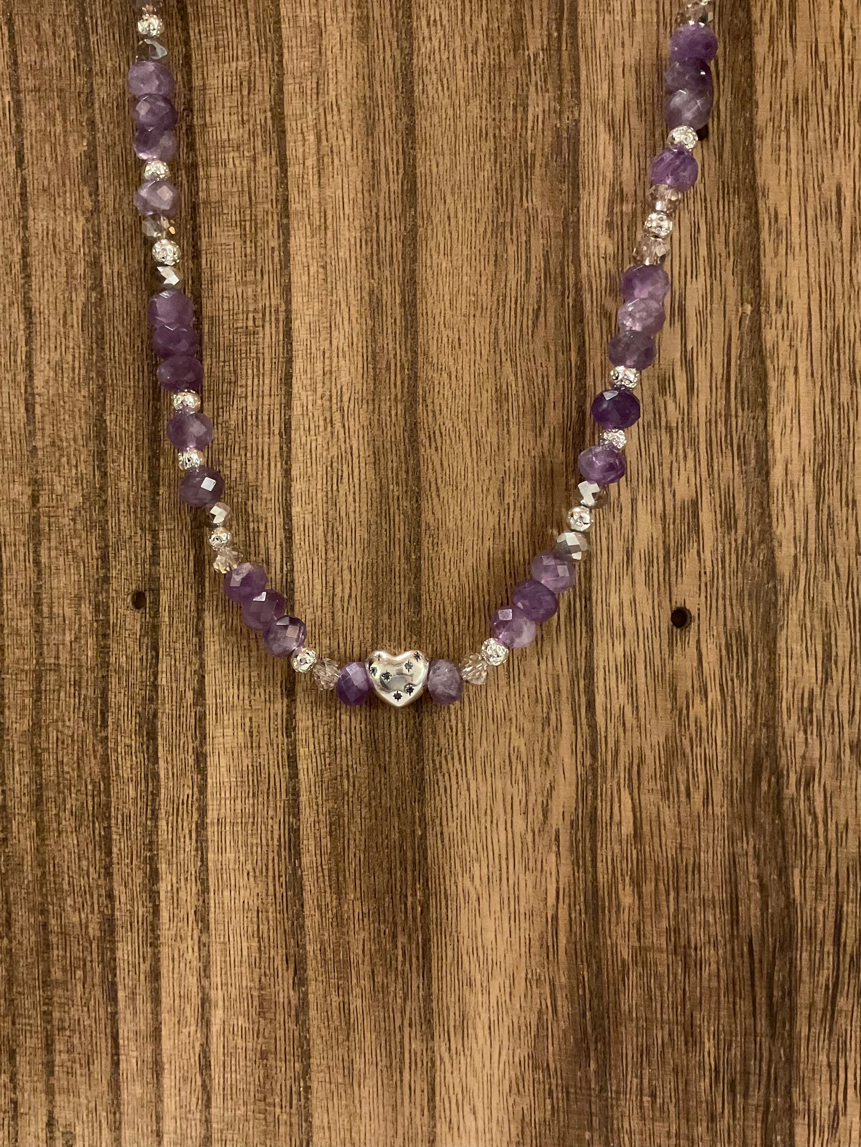 Amethyst Beaded Necklace 20" Silver Heart "A Dream Is A Wish"