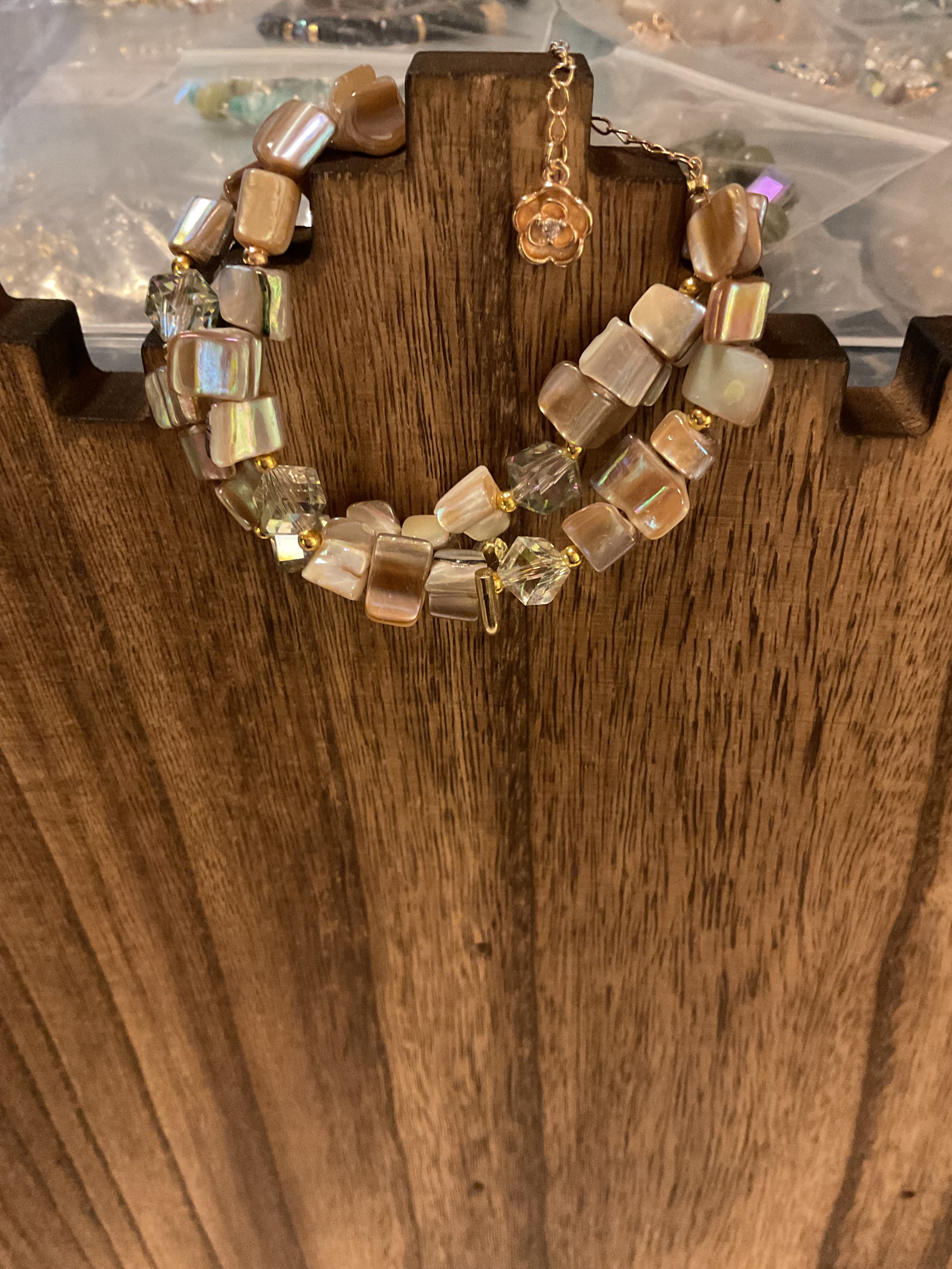 Iridescent Mother of Pearl & Crystal 2-Strand Bracelet 6.5-8.5"