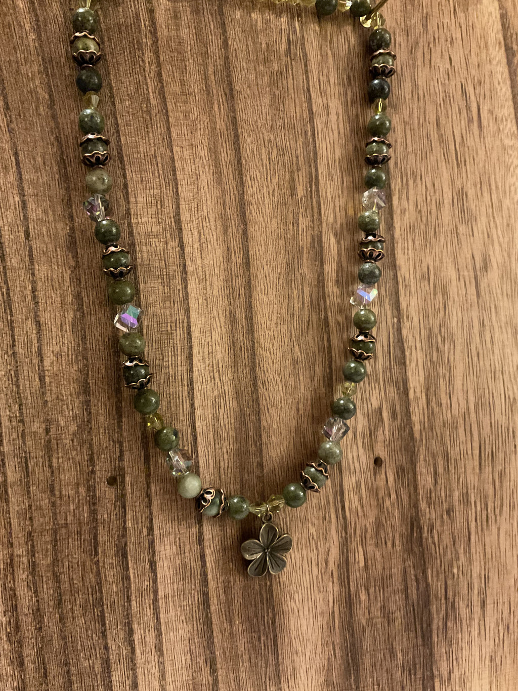 Earthy Green Moss Agate & Iridescent Crystal Flower Necklace 20"