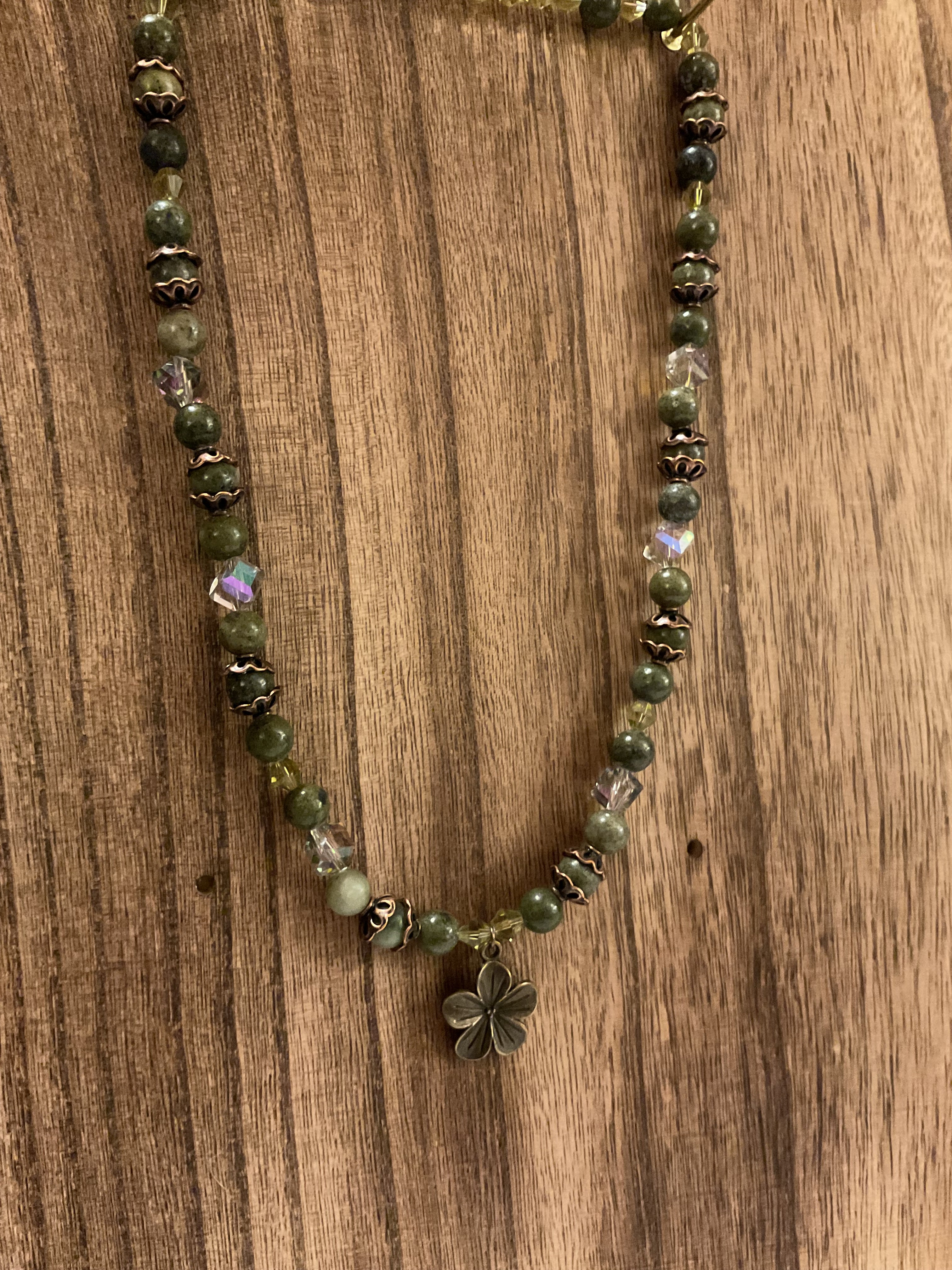 Earthy Green Moss Agate & Iridescent Crystal Flower Necklace 20"