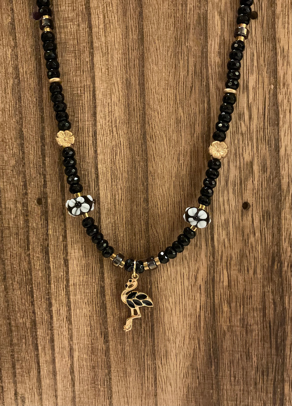 Onyx & Gold Hematite Flamingo Necklace (20")