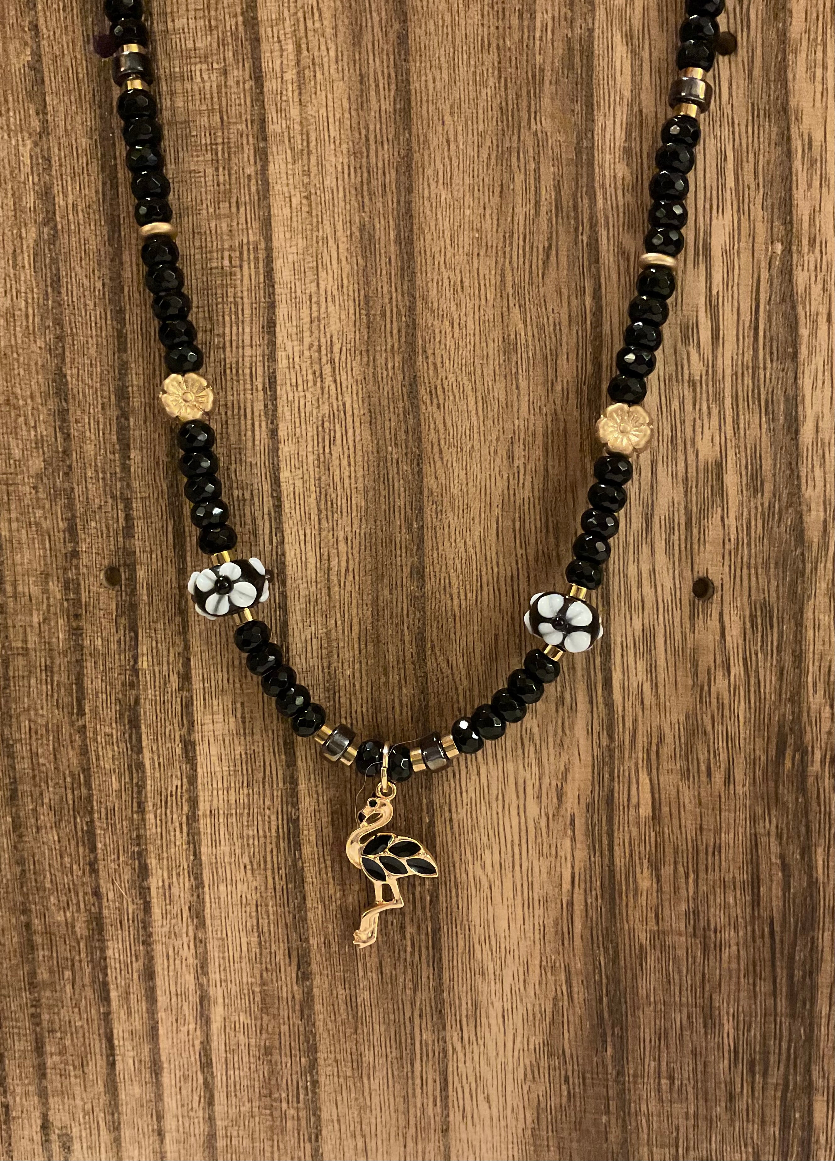 Onyx & Gold Hematite Flamingo Necklace (20")