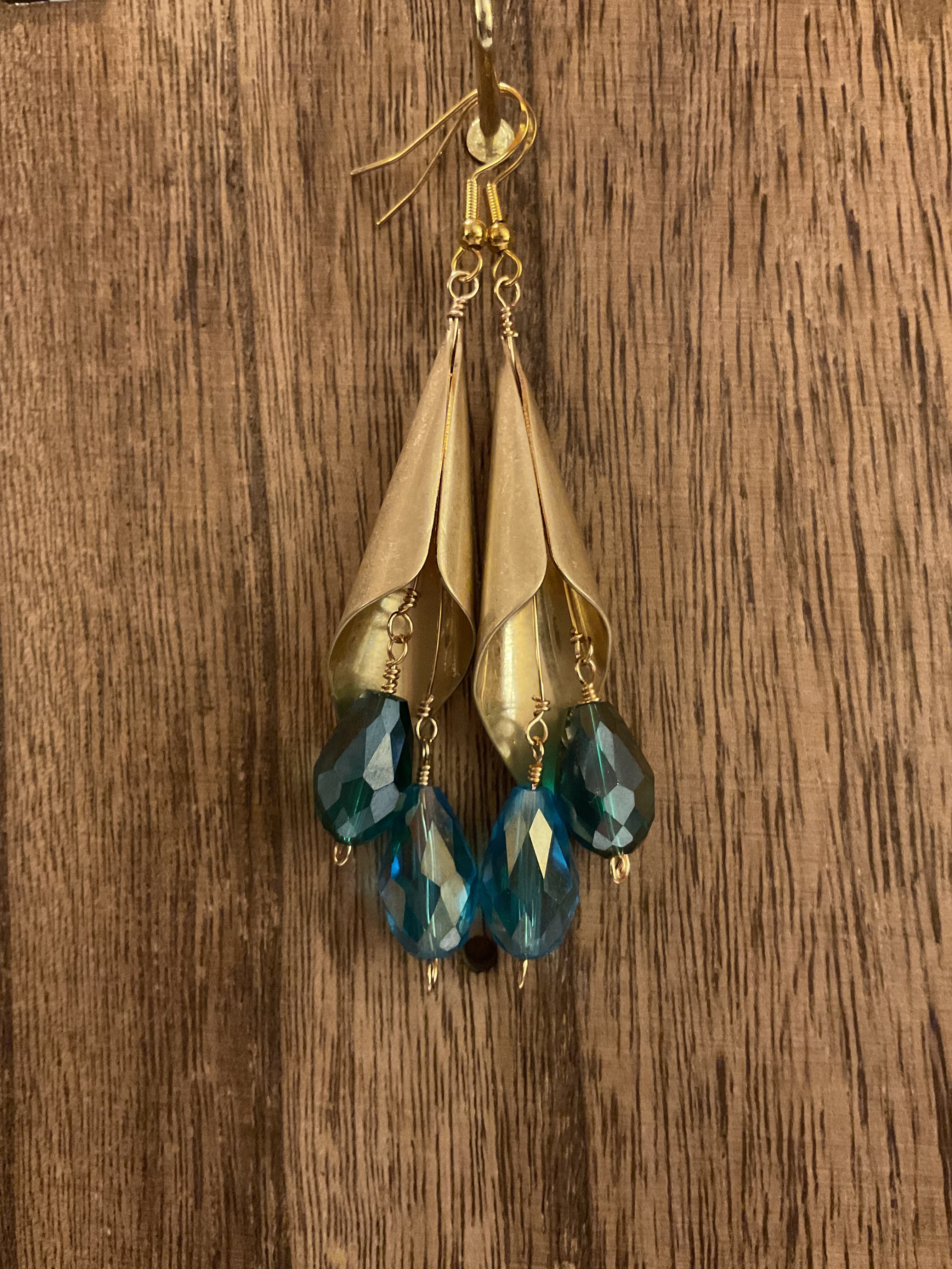 Gold Calla Lily Dangle Earrings Blue Crystal Teardrop Handmade