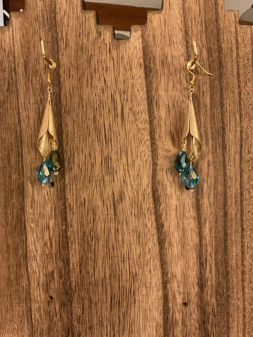 Gold Calla Lily Dangle Earrings Blue Crystal Teardrop Handmade