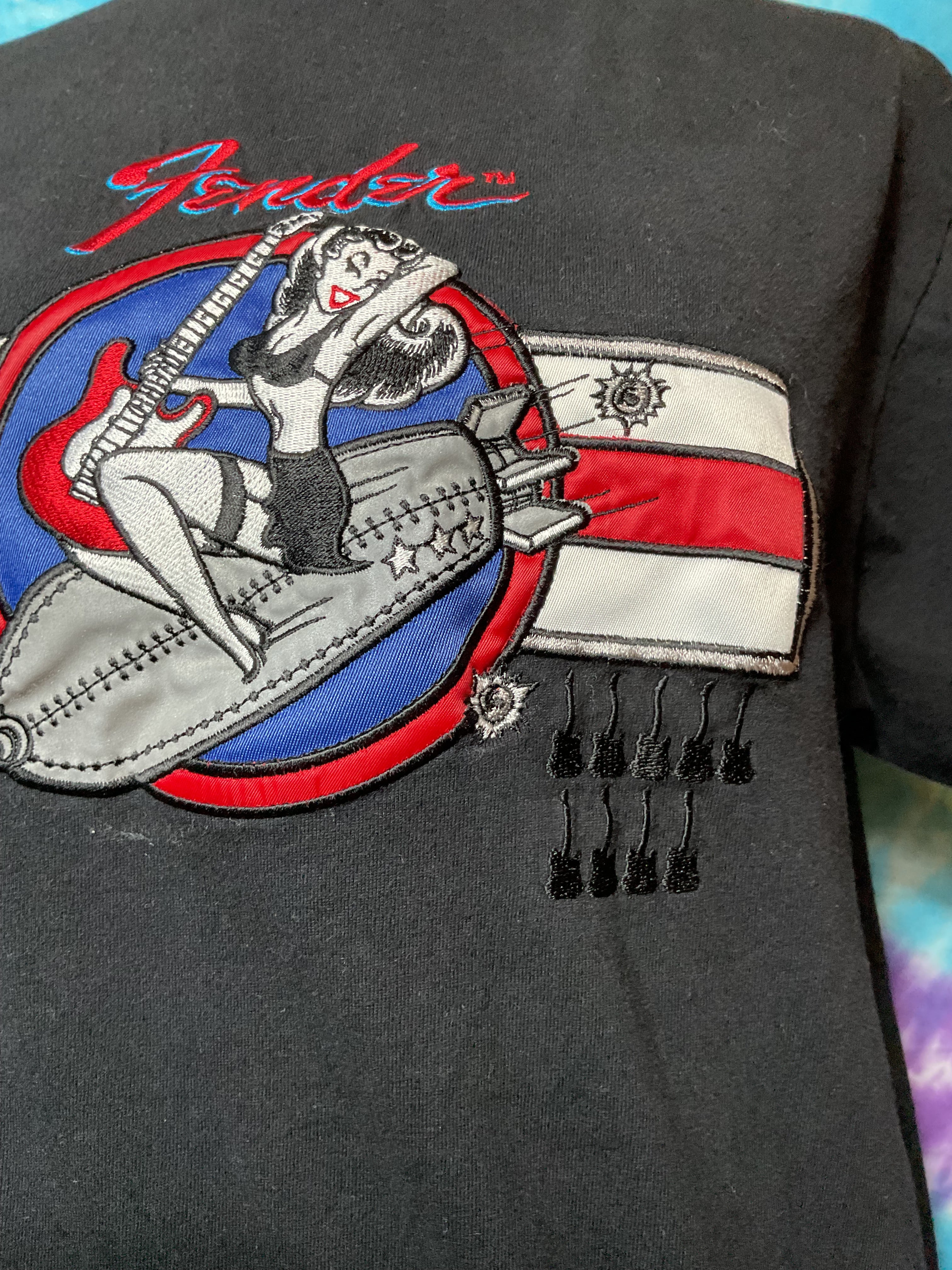 Vintage Fender T-Shirt Large Black Embroidered Pinup Bomb