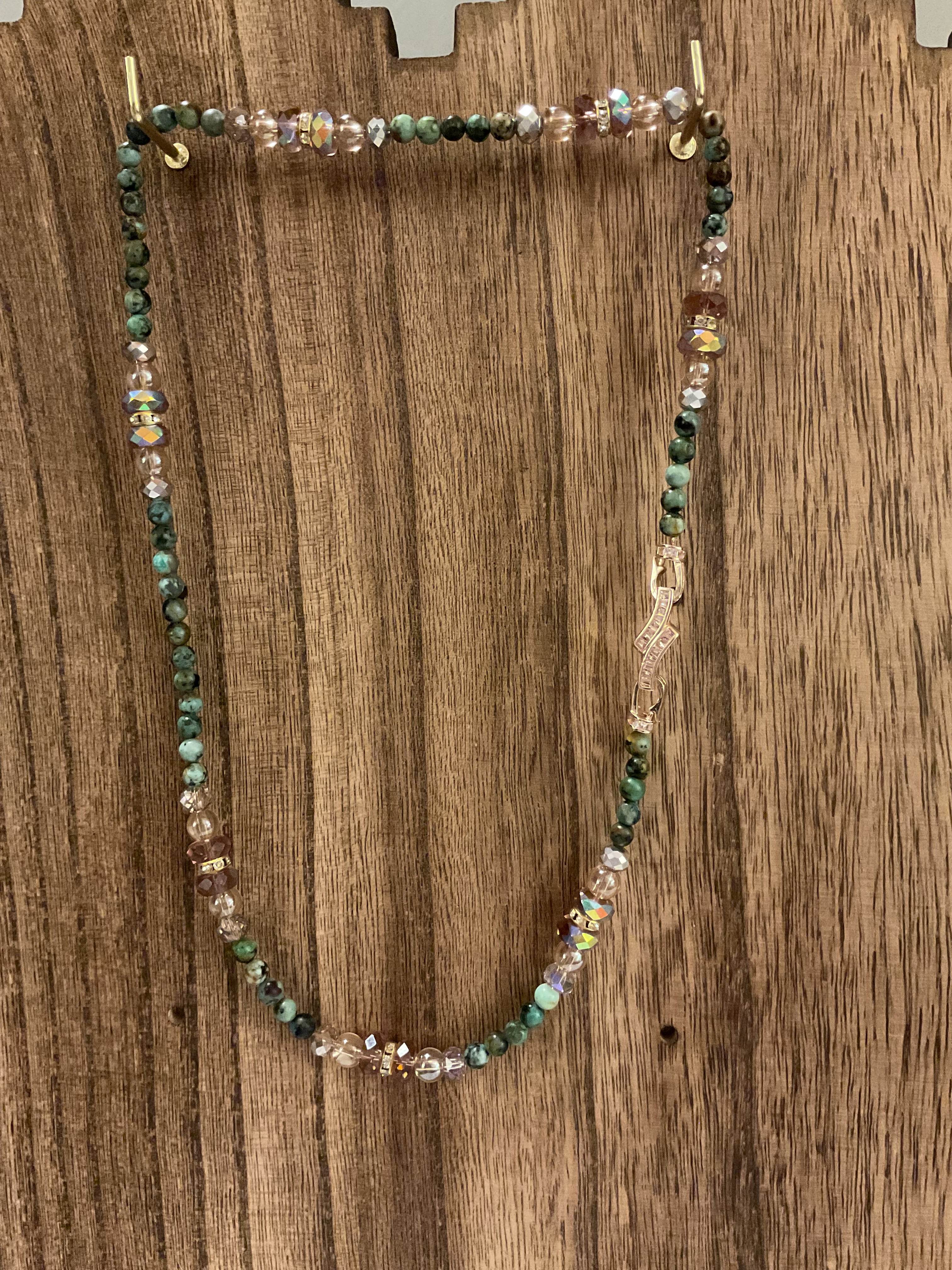 Vintage African Turquoise & Crystal Beaded Necklace - 19" Length