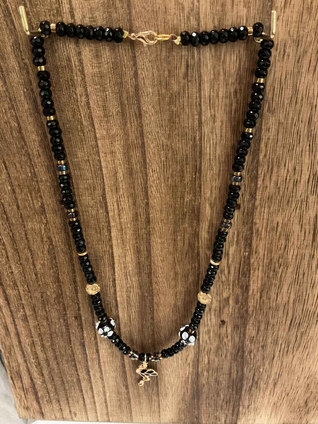 Onyx & Gold Hematite Flamingo Necklace (20")