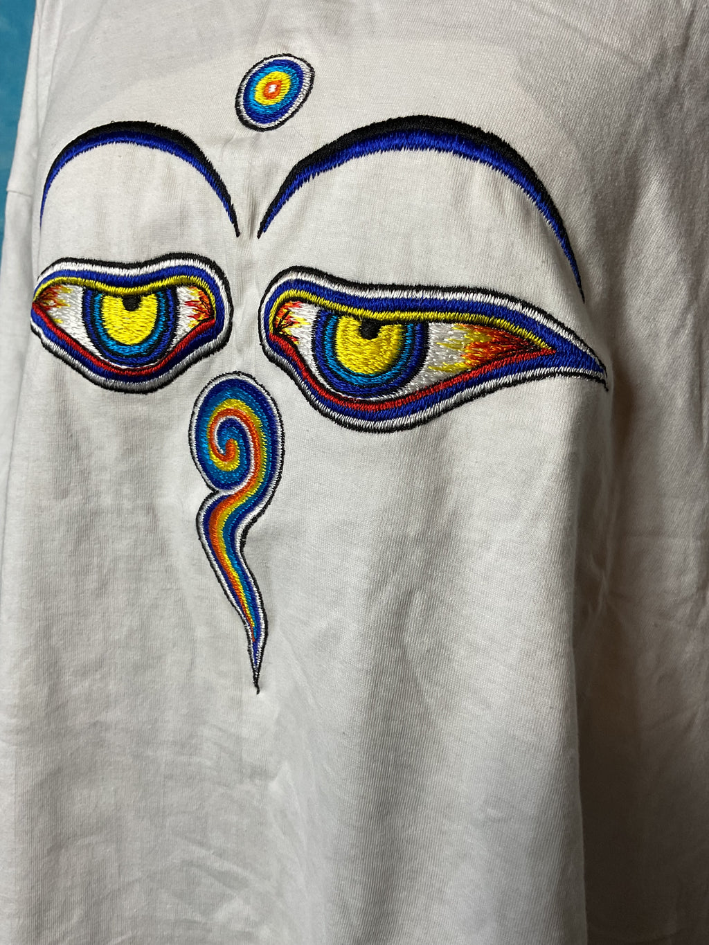 Vintage Annapurna Nepal Buddha Eyes White Tee Size 48 (XL)