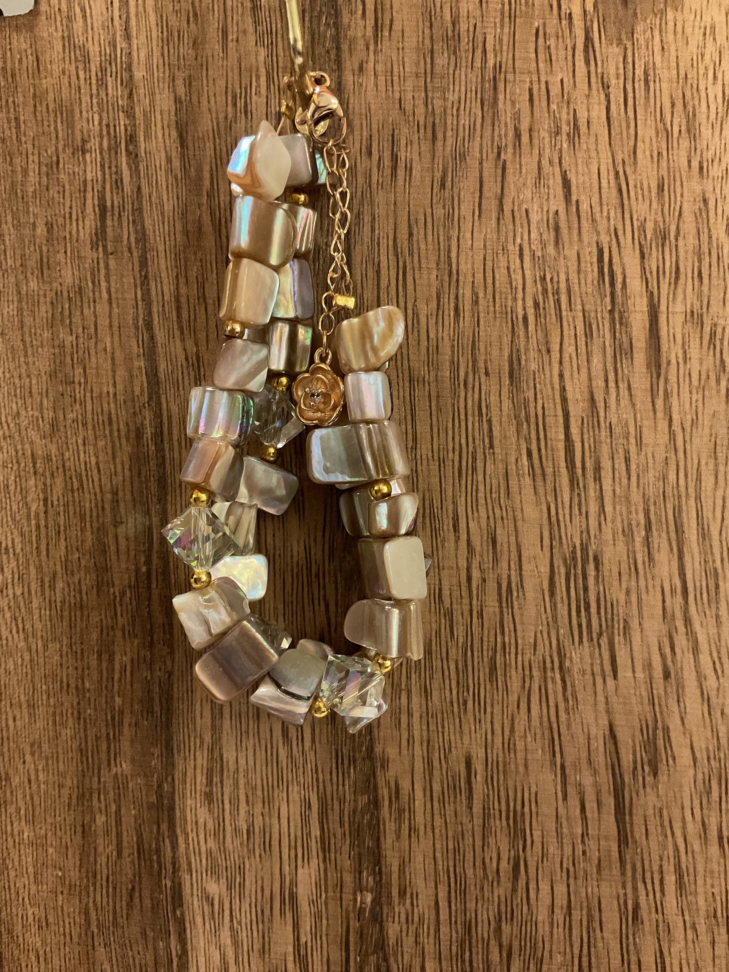 Iridescent Mother of Pearl & Crystal 2-Strand Bracelet 6.5-8.5"