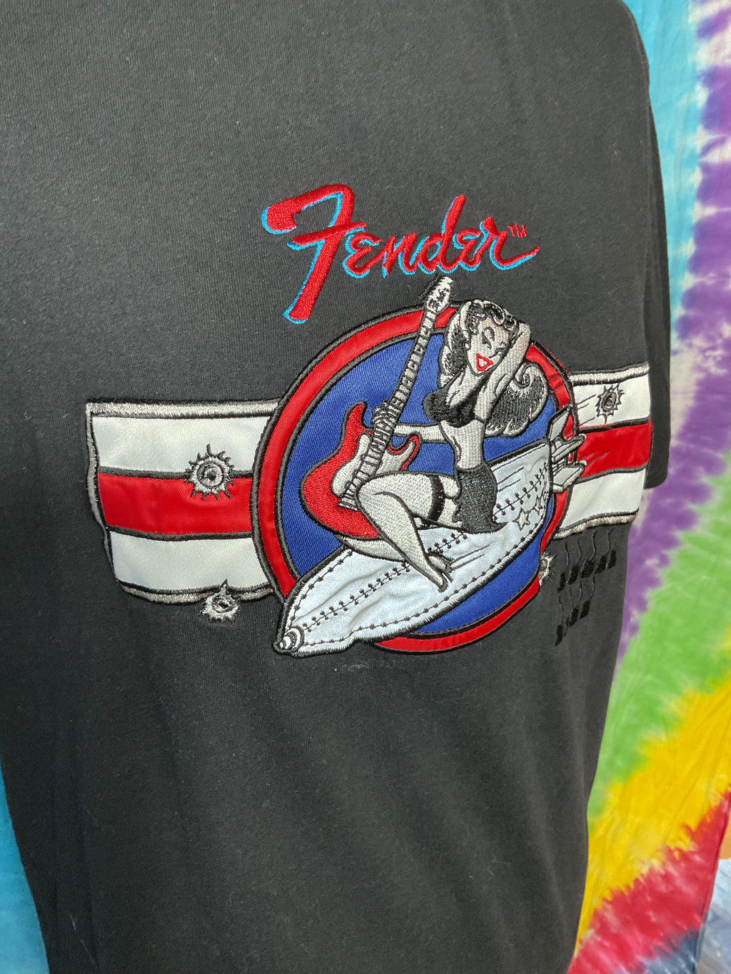 Vintage Fender T-Shirt Large Black Embroidered Pinup Bomb