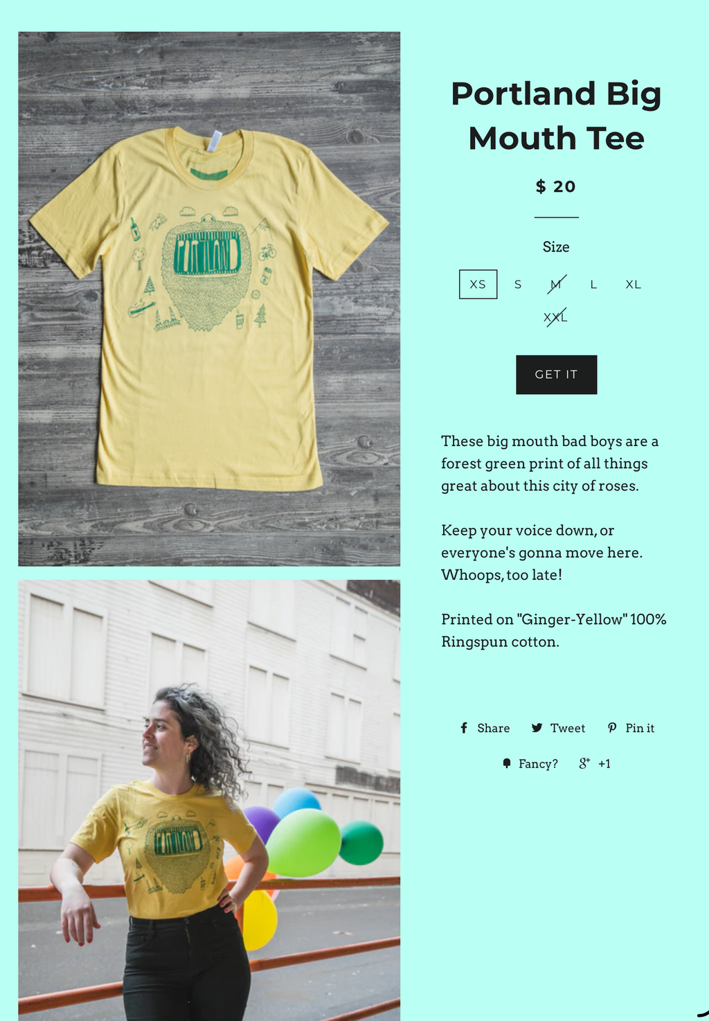 Portland Big Mouth Tee Ginger Yellow Ringspun Cotton Sz M