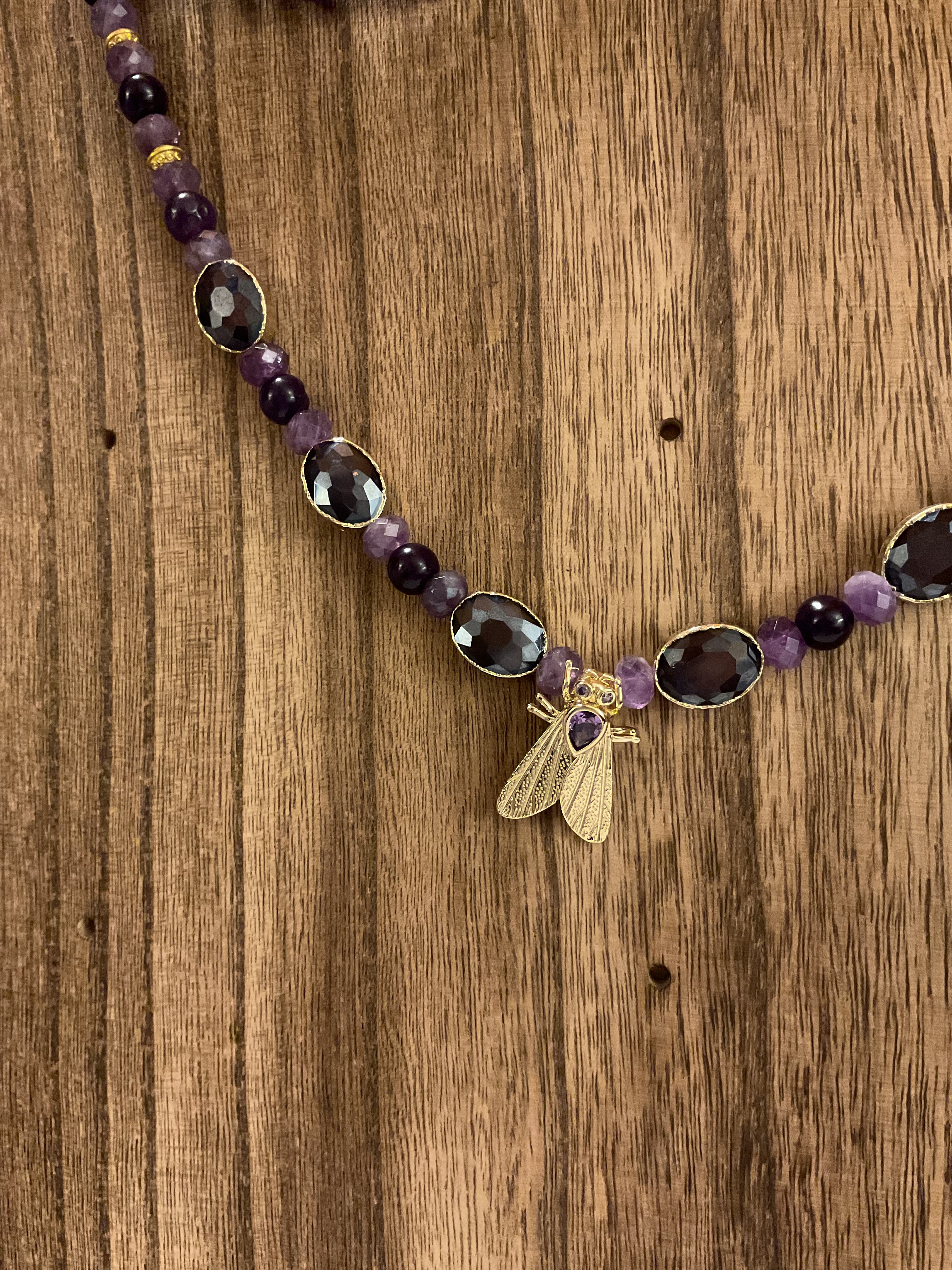 Cicada Amethyst & Smoky Quartz Beaded Necklace Gold Tone Handmade