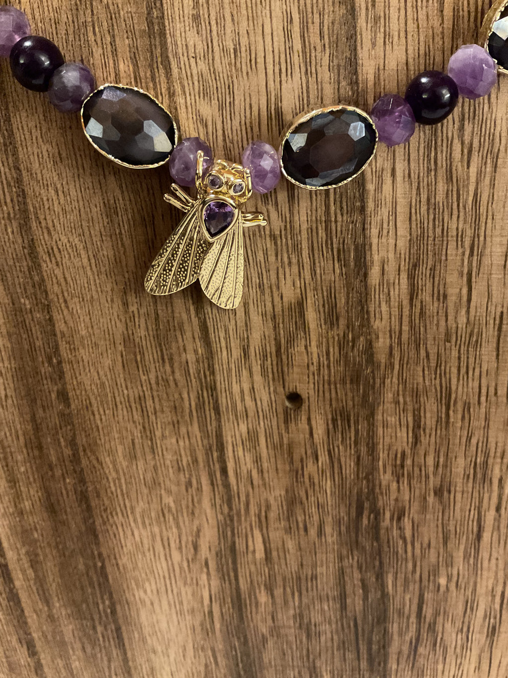 Cicada Amethyst & Smoky Quartz Beaded Necklace Gold Tone Handmade
