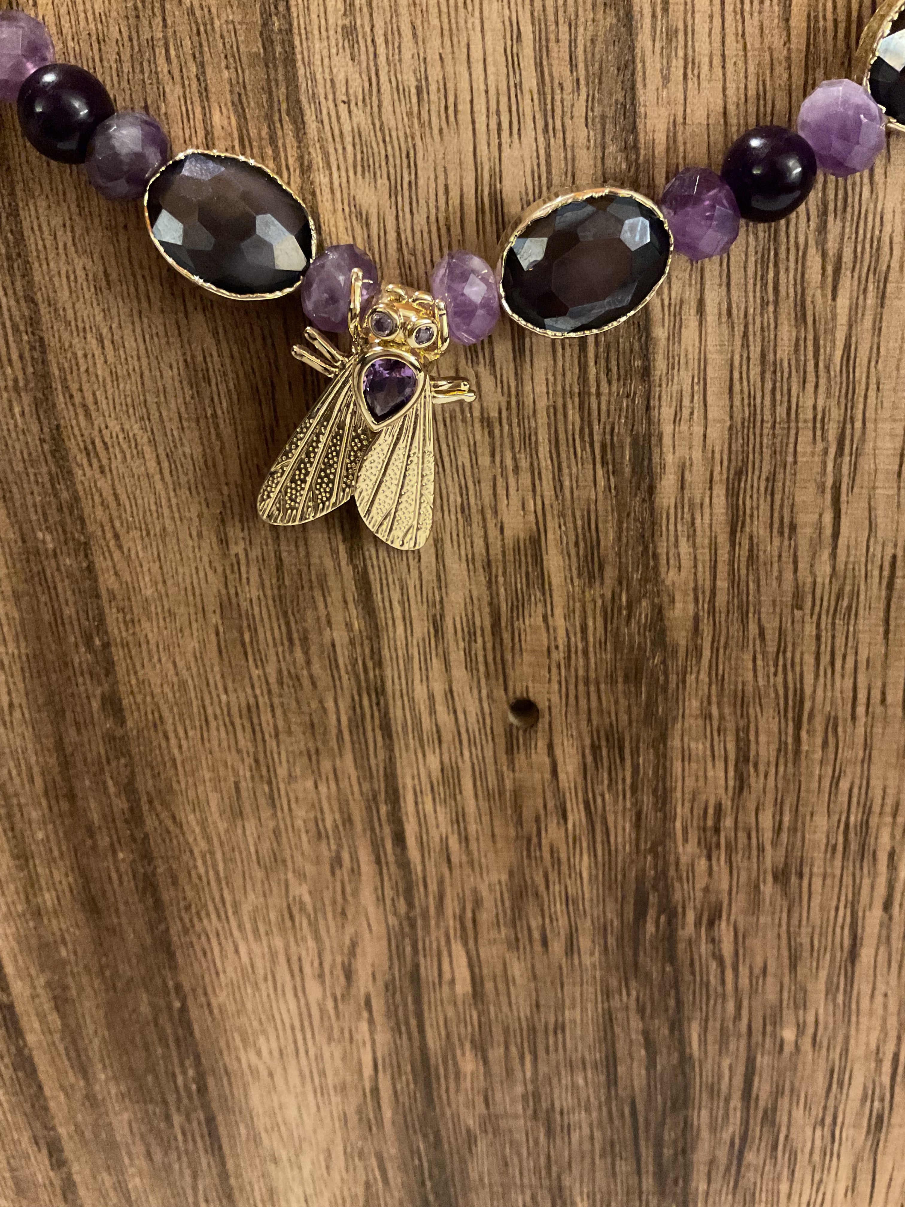 Cicada Amethyst & Smoky Quartz Beaded Necklace Gold Tone Handmade