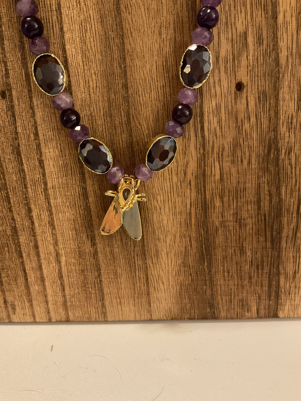 Cicada Amethyst & Smoky Quartz Beaded Necklace Gold Tone Handmade