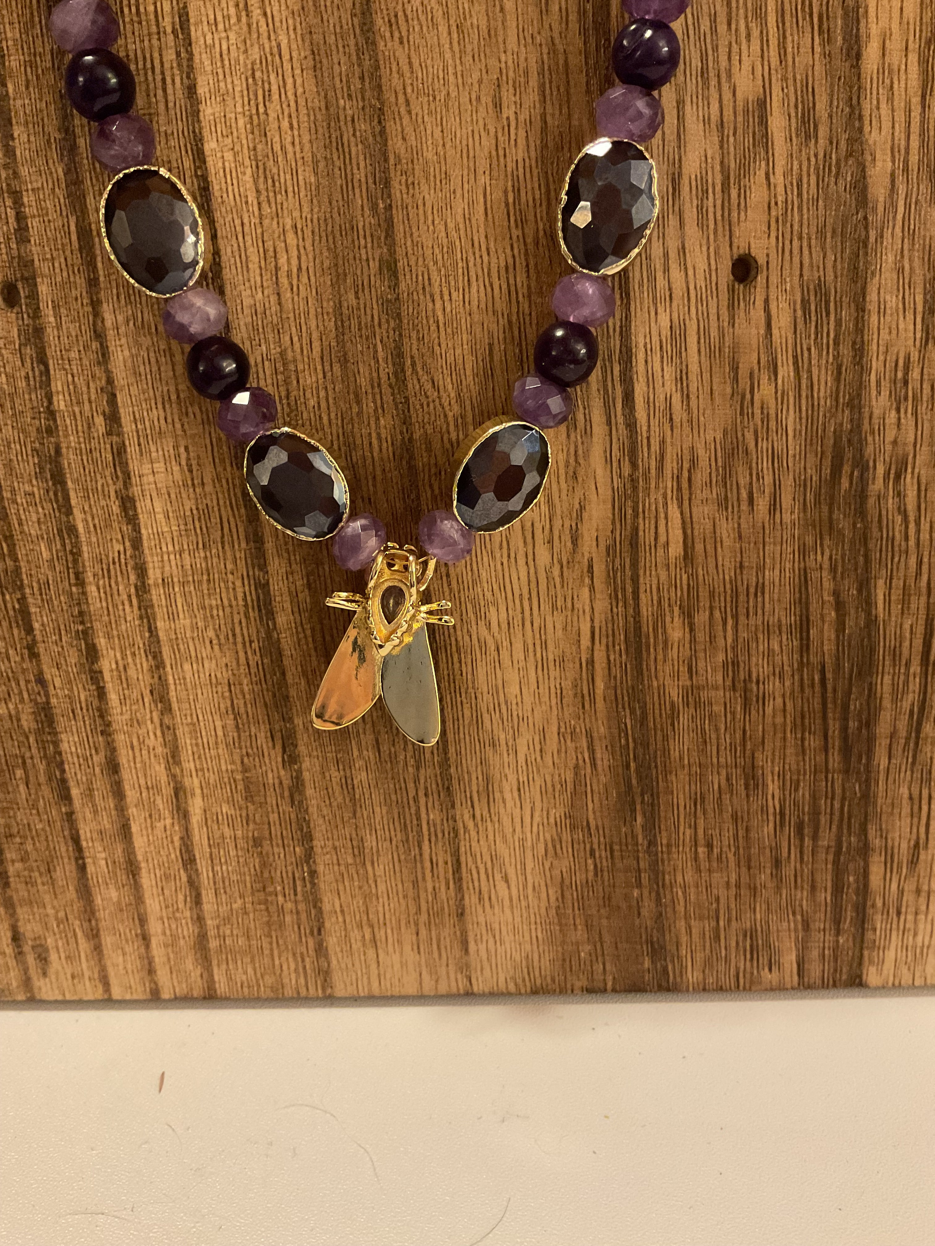 Cicada Amethyst & Smoky Quartz Beaded Necklace Gold Tone Handmade