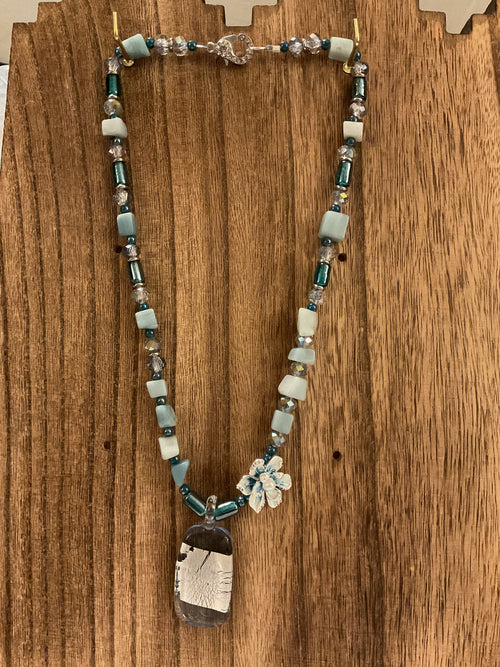 20" Vintage Indian Lampwork & Matte Amazonite Glass Necklace