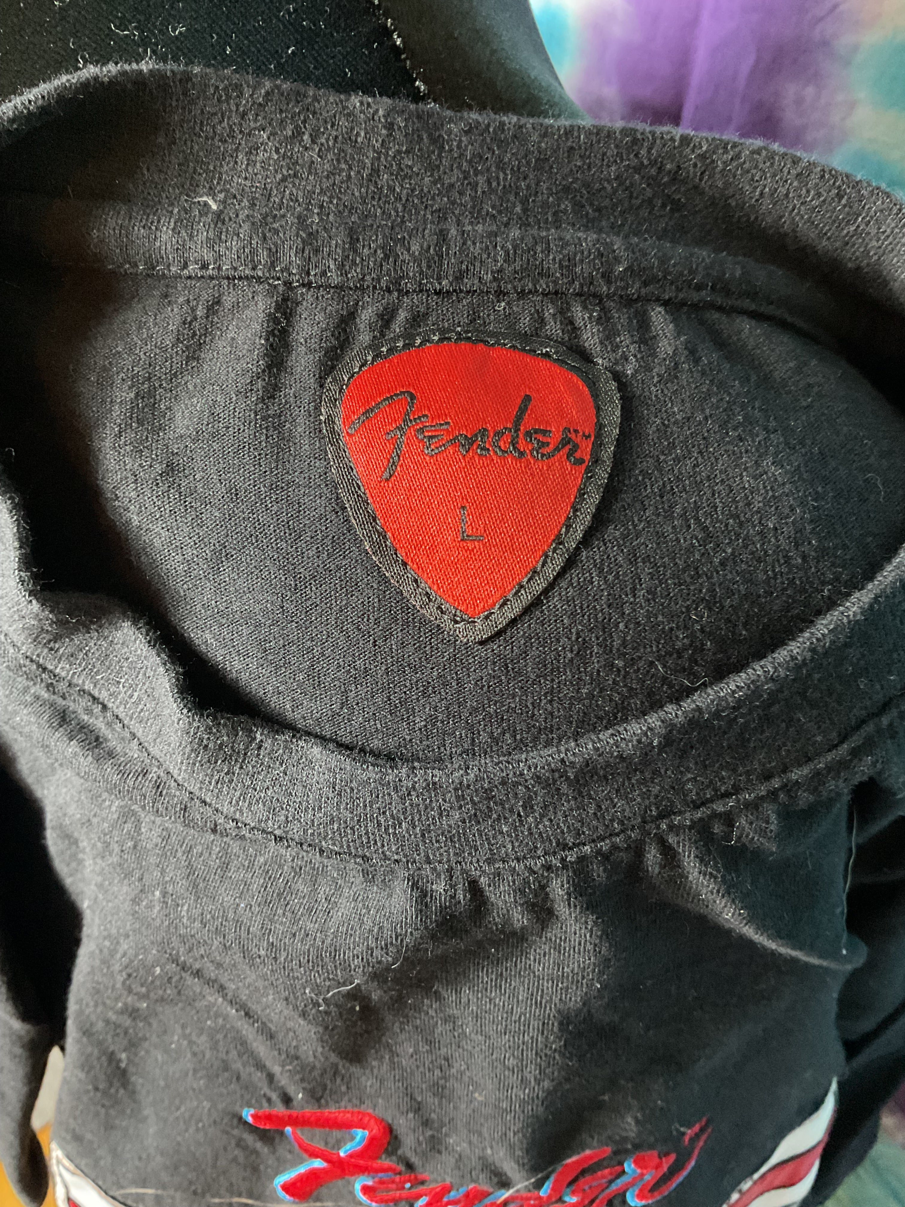 Vintage Fender T-Shirt Large Black Embroidered Pinup Bomb