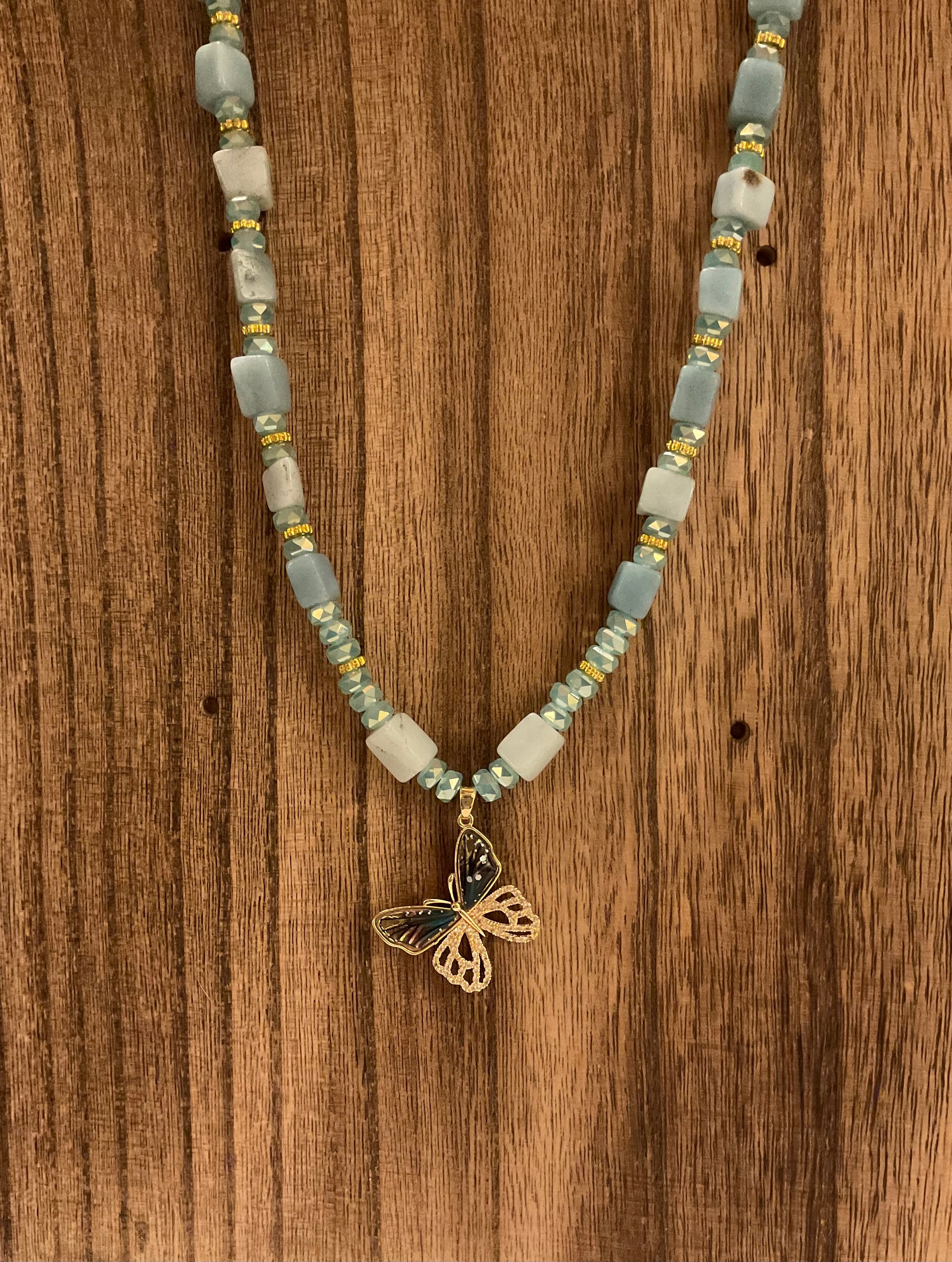 Amazonite & Crystal Butterfly Necklace - 19" Handcrafted Jewelry