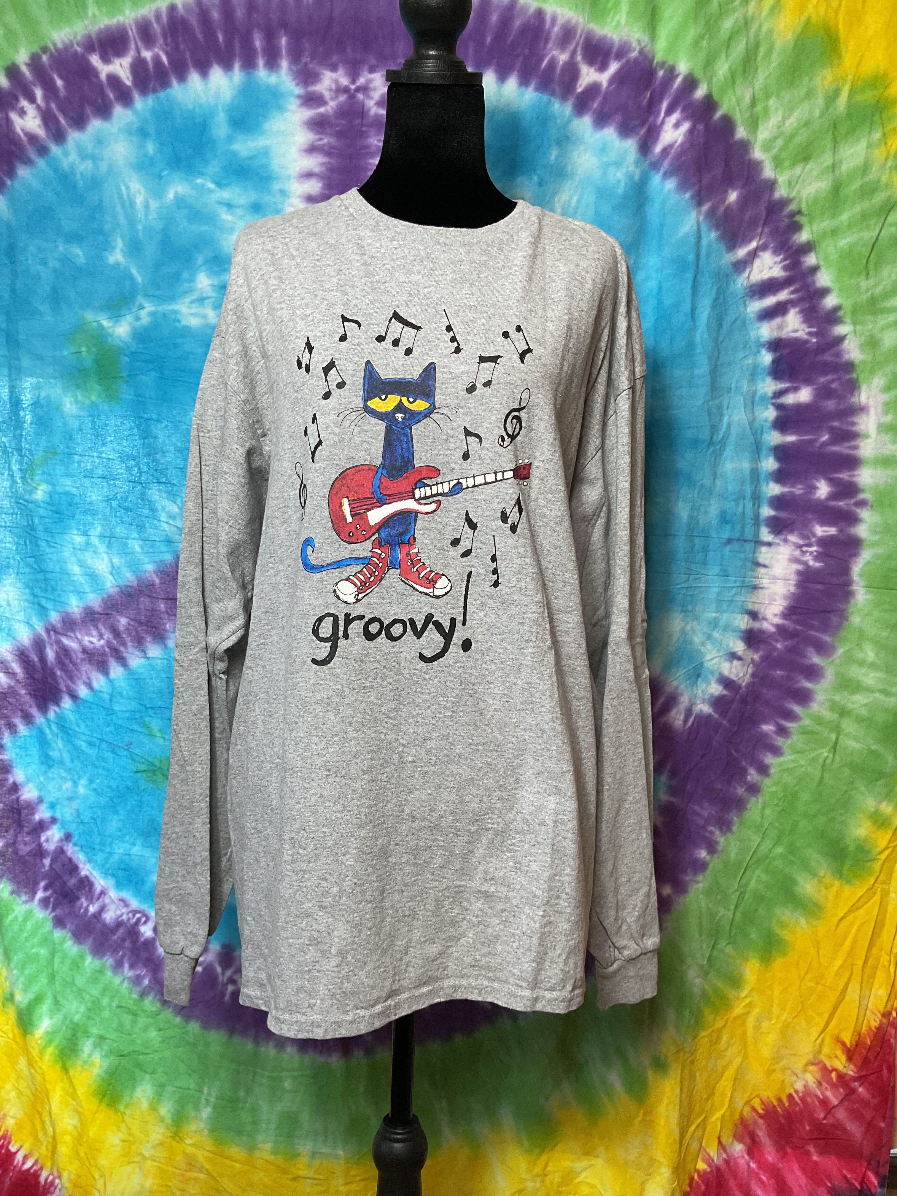 Pete the Cat Groovy Guitar Gray Long Sleeve Graphic Shirt XL