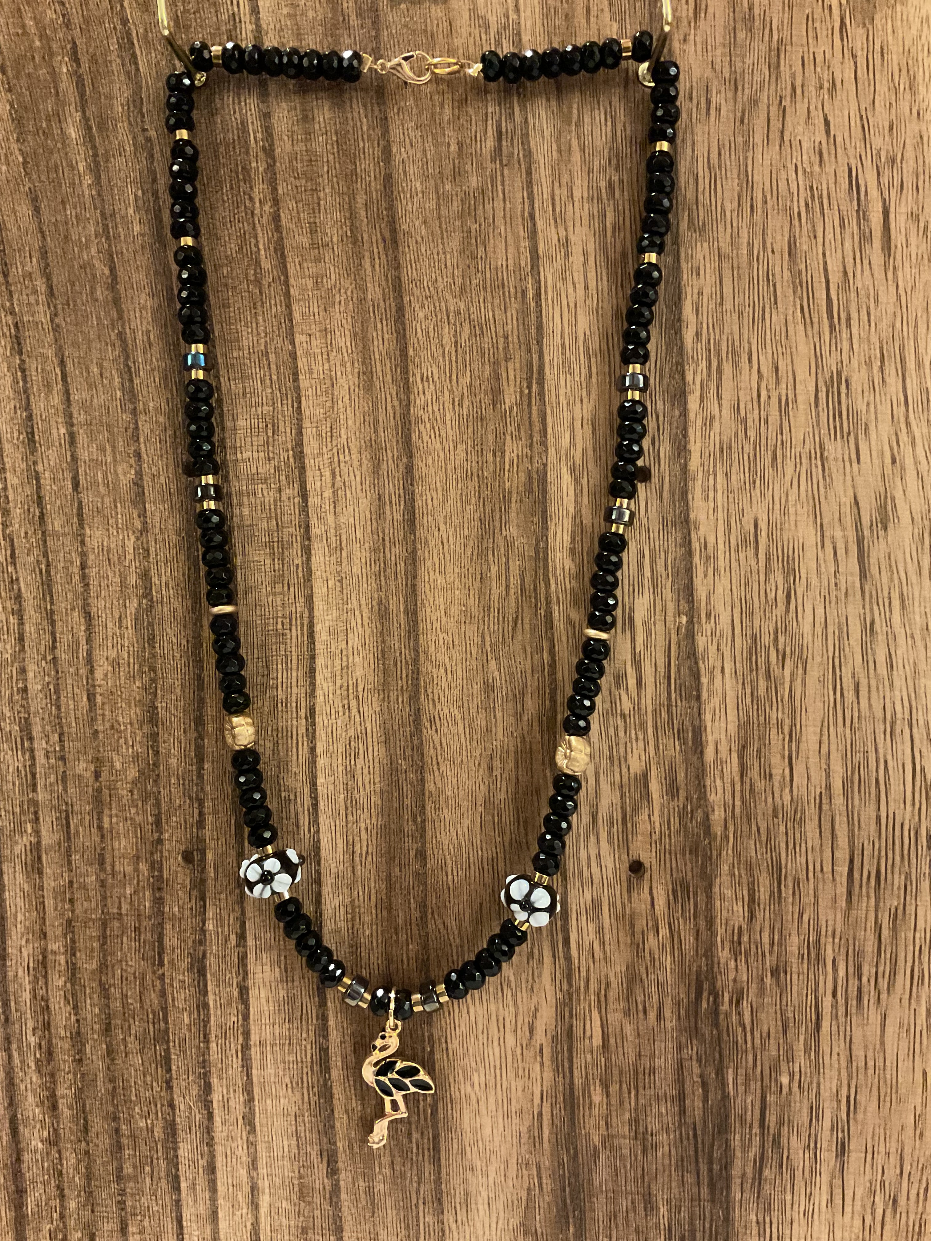 Onyx & Gold Hematite Flamingo Necklace (20")