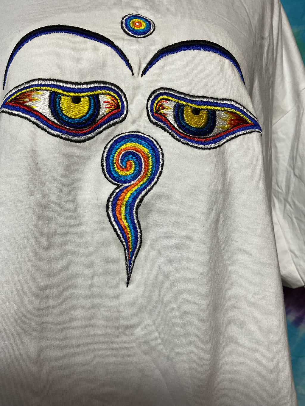 Vintage Annapurna Nepal Buddha Eyes White Tee Size 48 (XL)