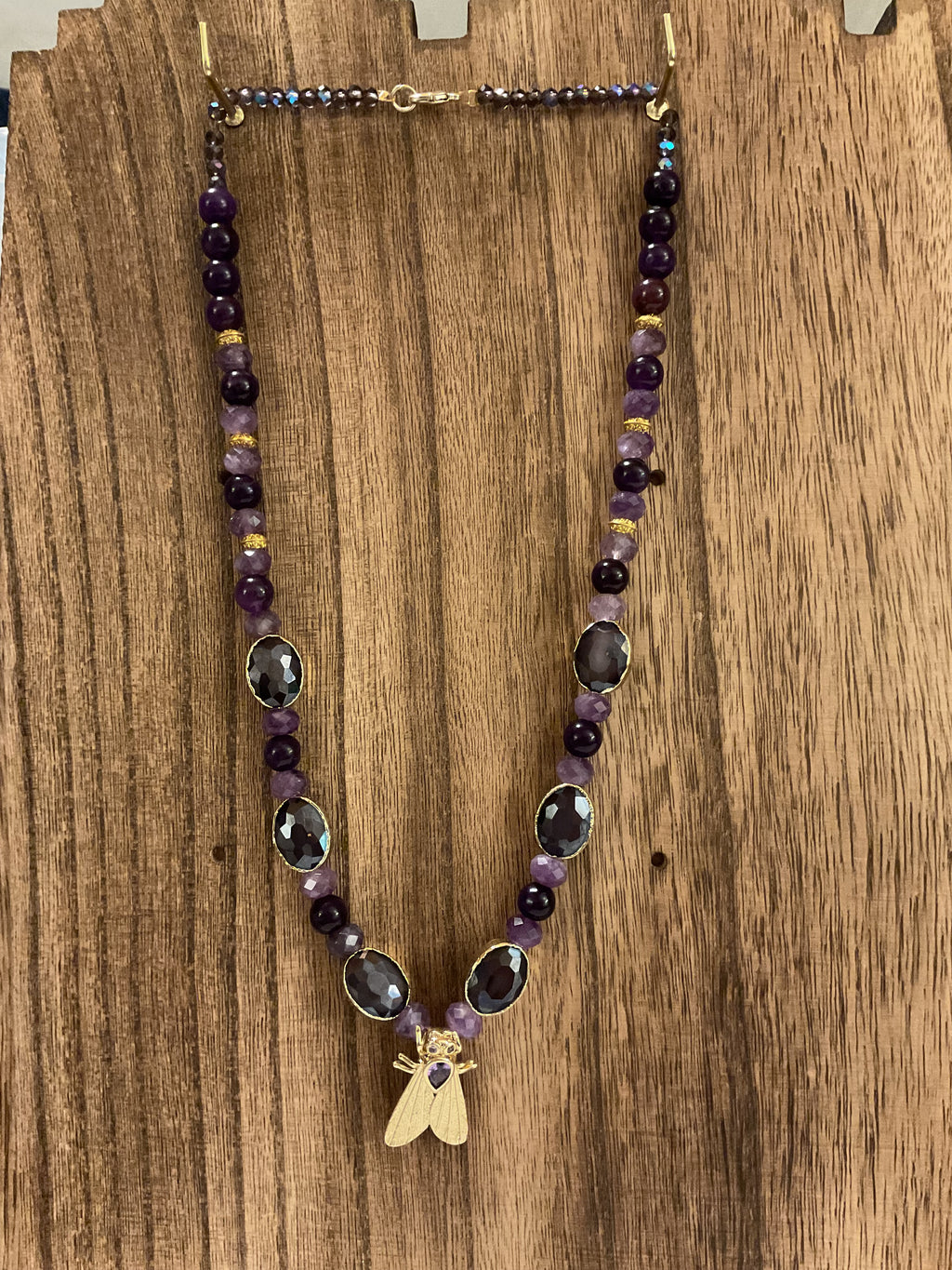 Cicada Amethyst & Smoky Quartz Beaded Necklace Gold Tone Handmade