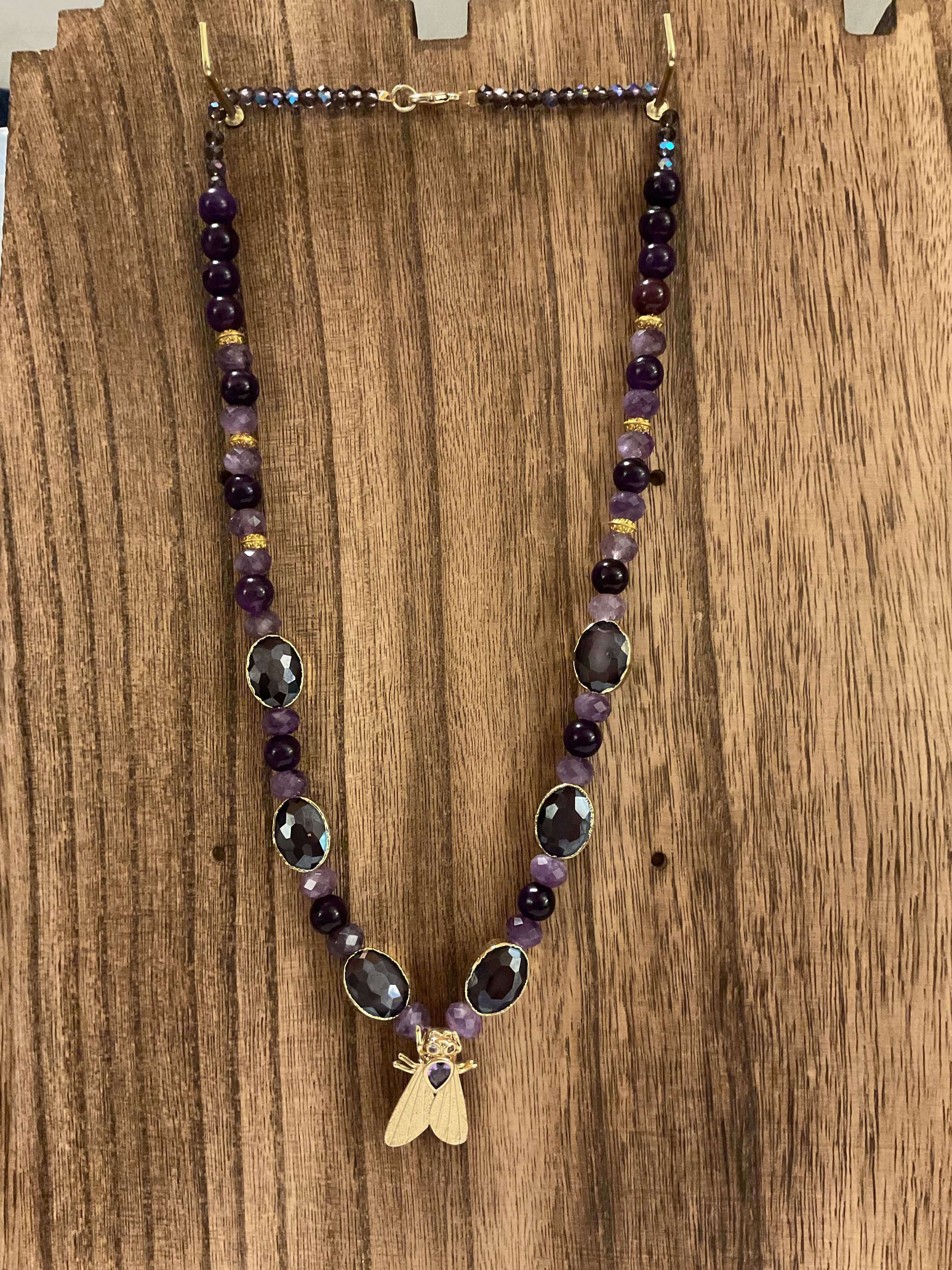 Cicada Amethyst & Smoky Quartz Beaded Necklace Gold Tone Handmade