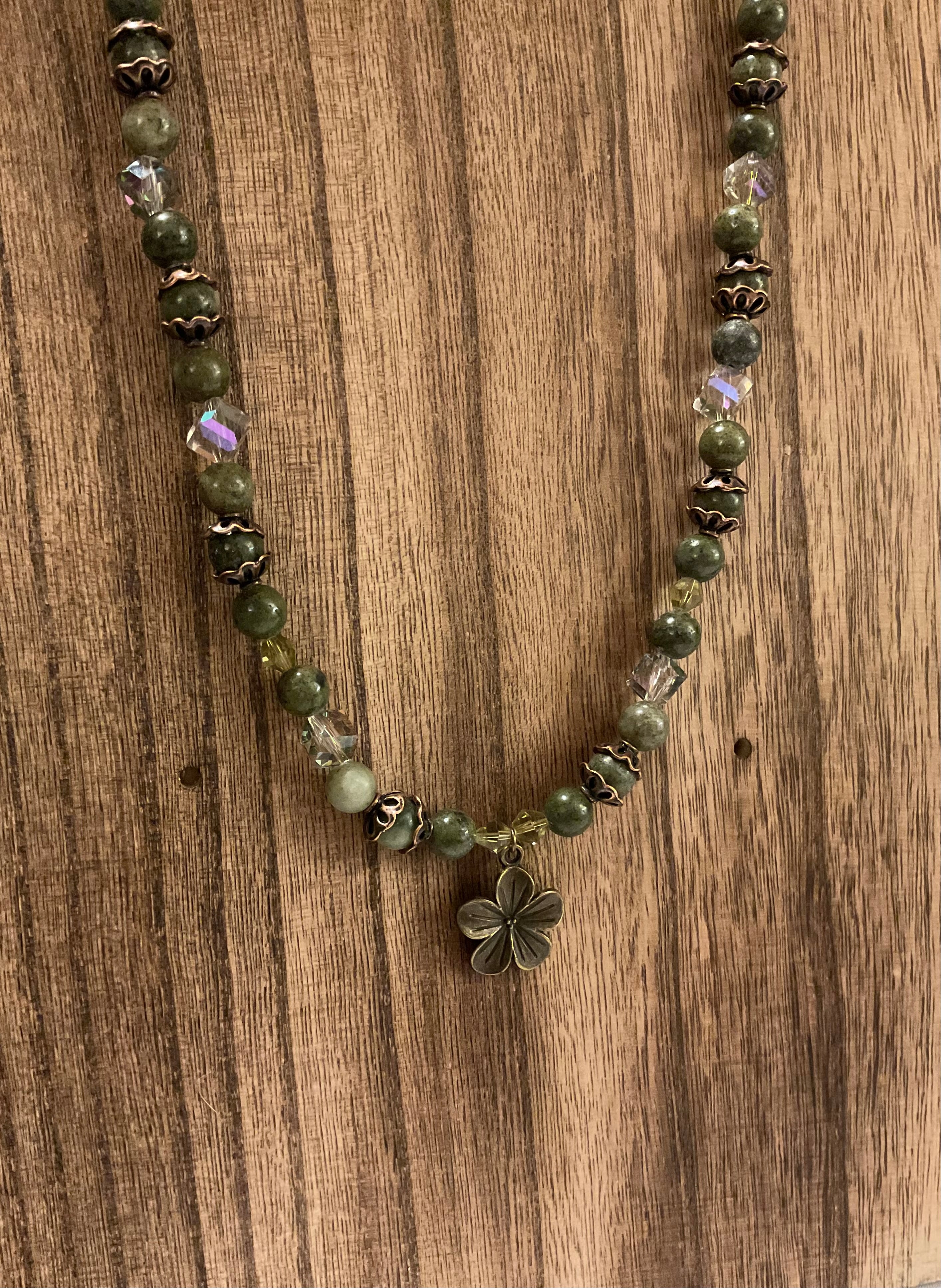Earthy Green Moss Agate & Iridescent Crystal Flower Necklace 20"