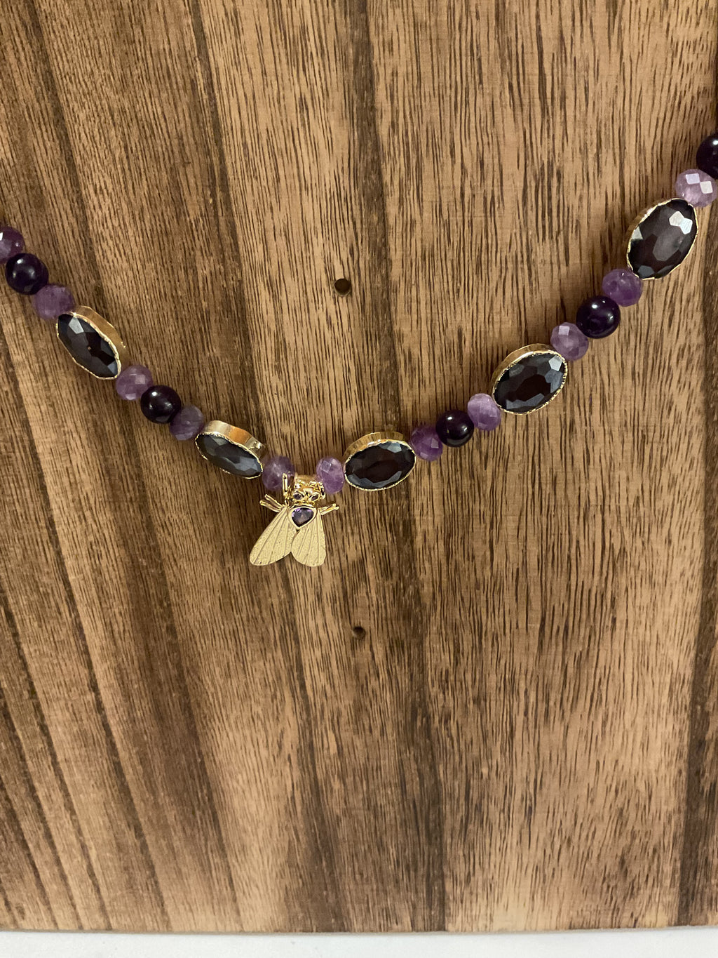 Cicada Amethyst & Smoky Quartz Beaded Necklace Gold Tone Handmade