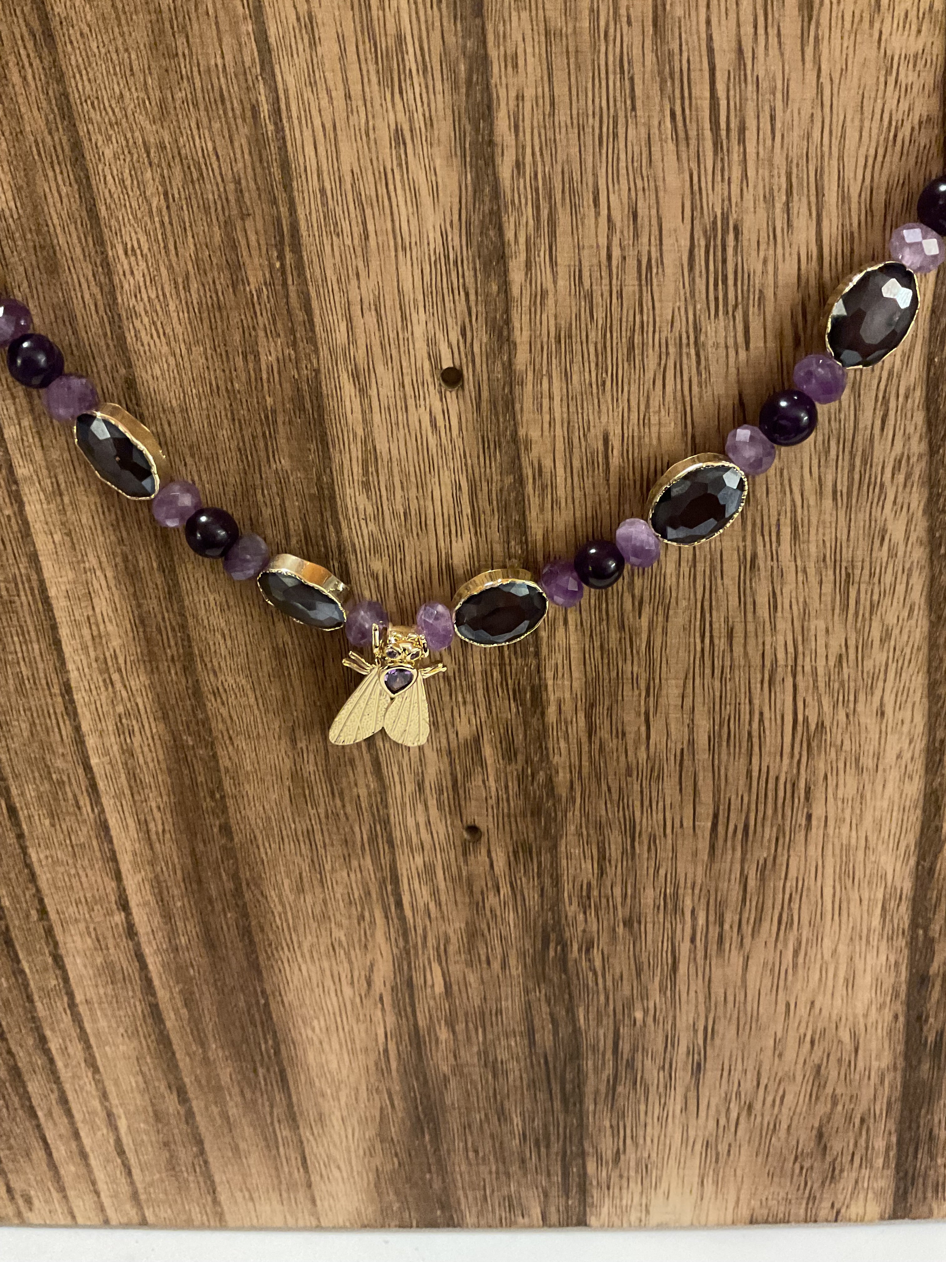 Cicada Amethyst & Smoky Quartz Beaded Necklace Gold Tone Handmade